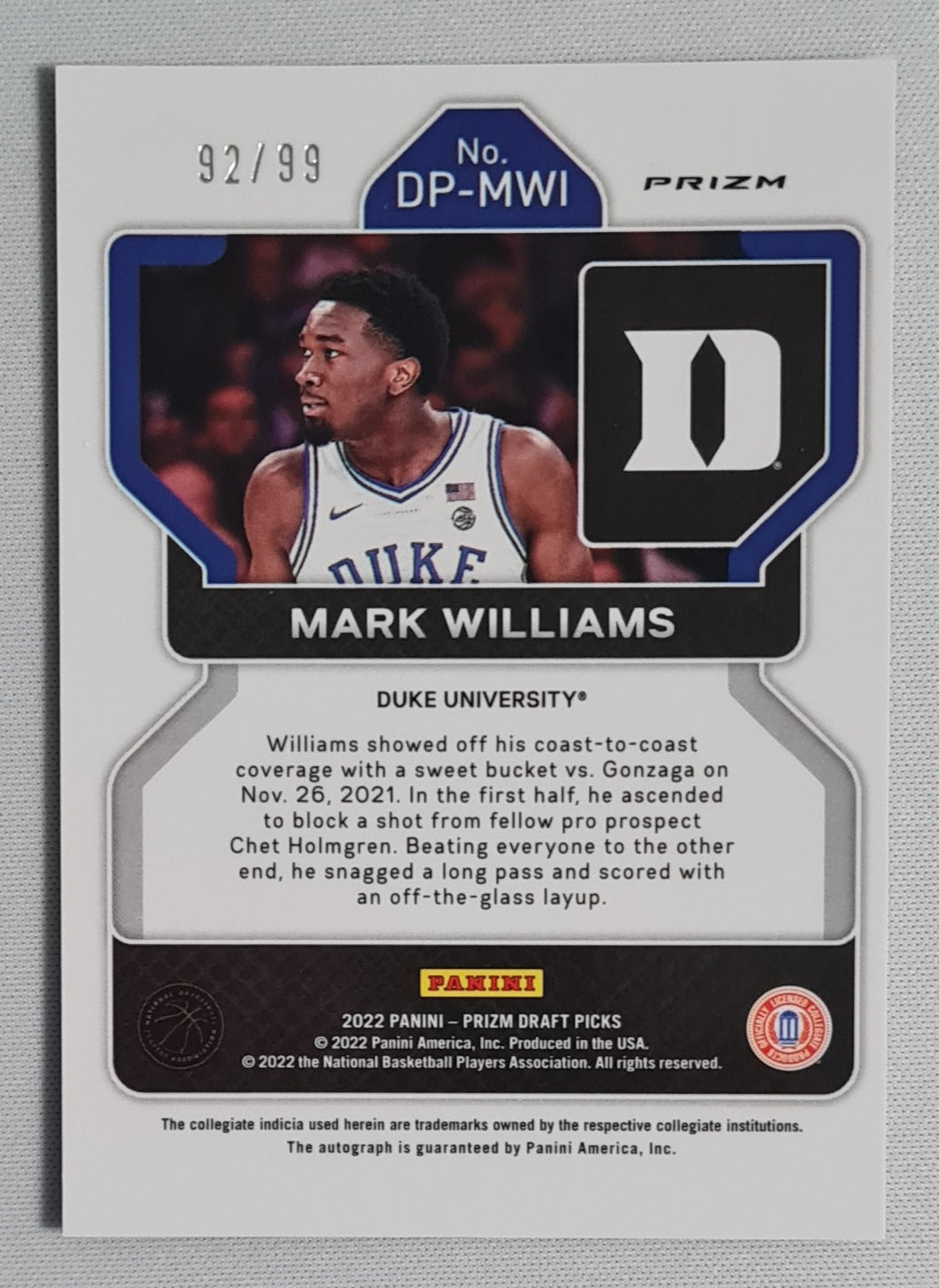 Mark Williams - 2022 Panini Prizm Draft Picks Duke University #DP-MWI Purple Cracked Ice Prizm / 99 +Autograph