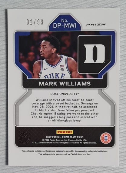 Mark Williams - 2022 Panini Prizm Draft Picks Duke University #DP-MWI Purple Cracked Ice Prizm / 99 +Autograph