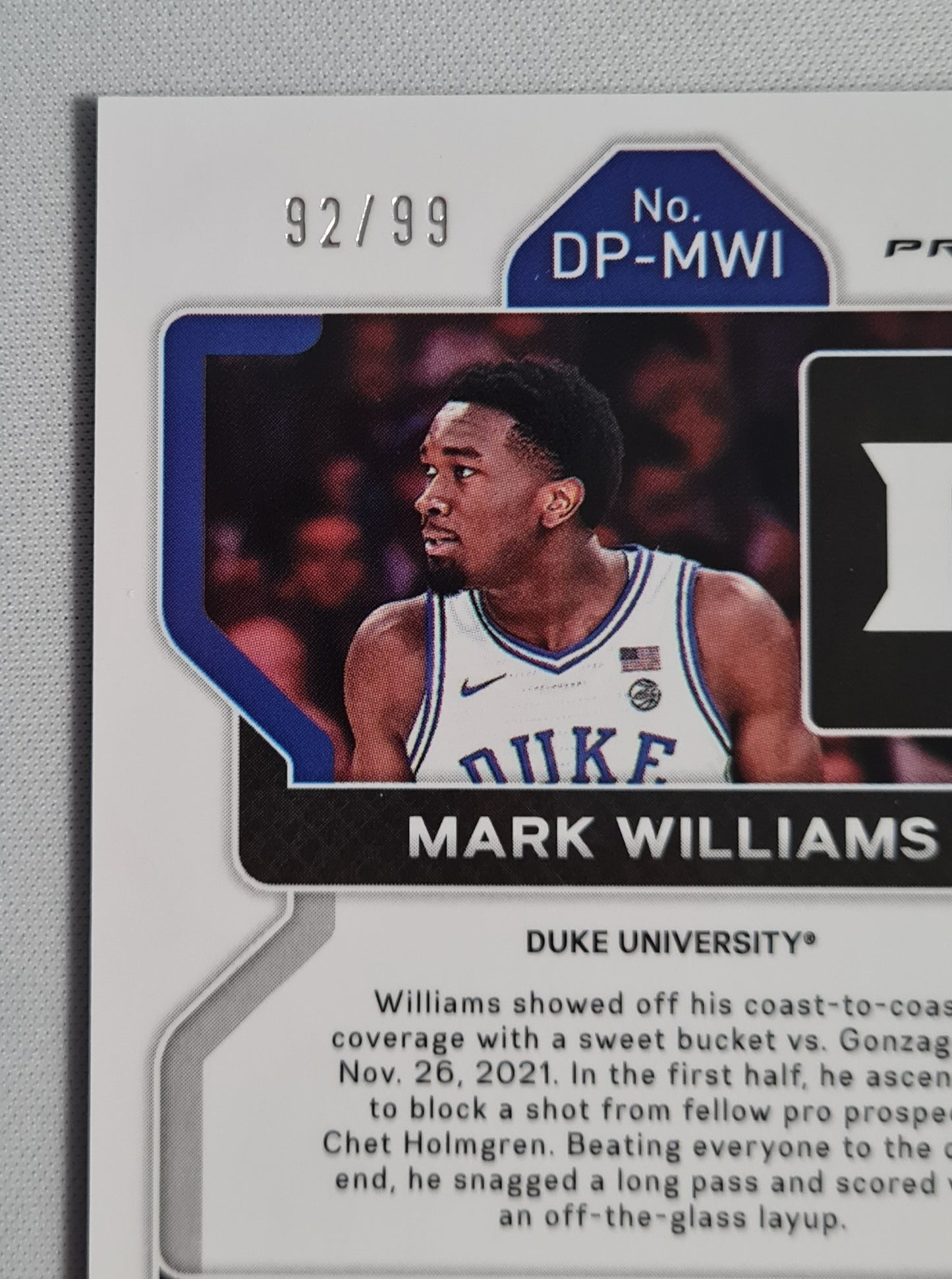 Mark Williams - 2022 Panini Prizm Draft Picks Duke University #DP-MWI Purple Cracked Ice Prizm / 99 +Autograph