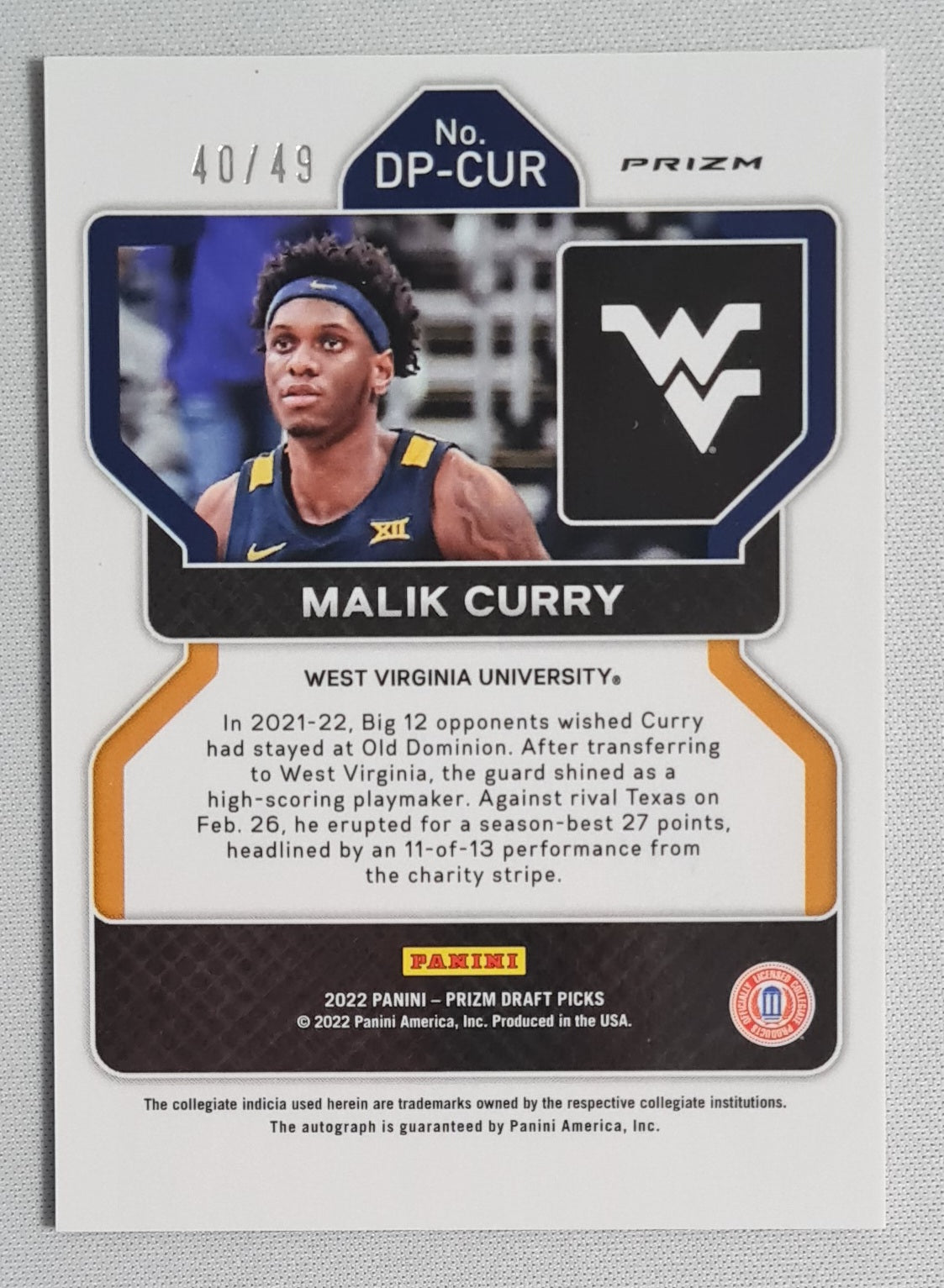 Malik Curry - 2022 Panini Prizm Draft Picks West Virginia University #DP-CUR Orange Prizm /49 + Autograph