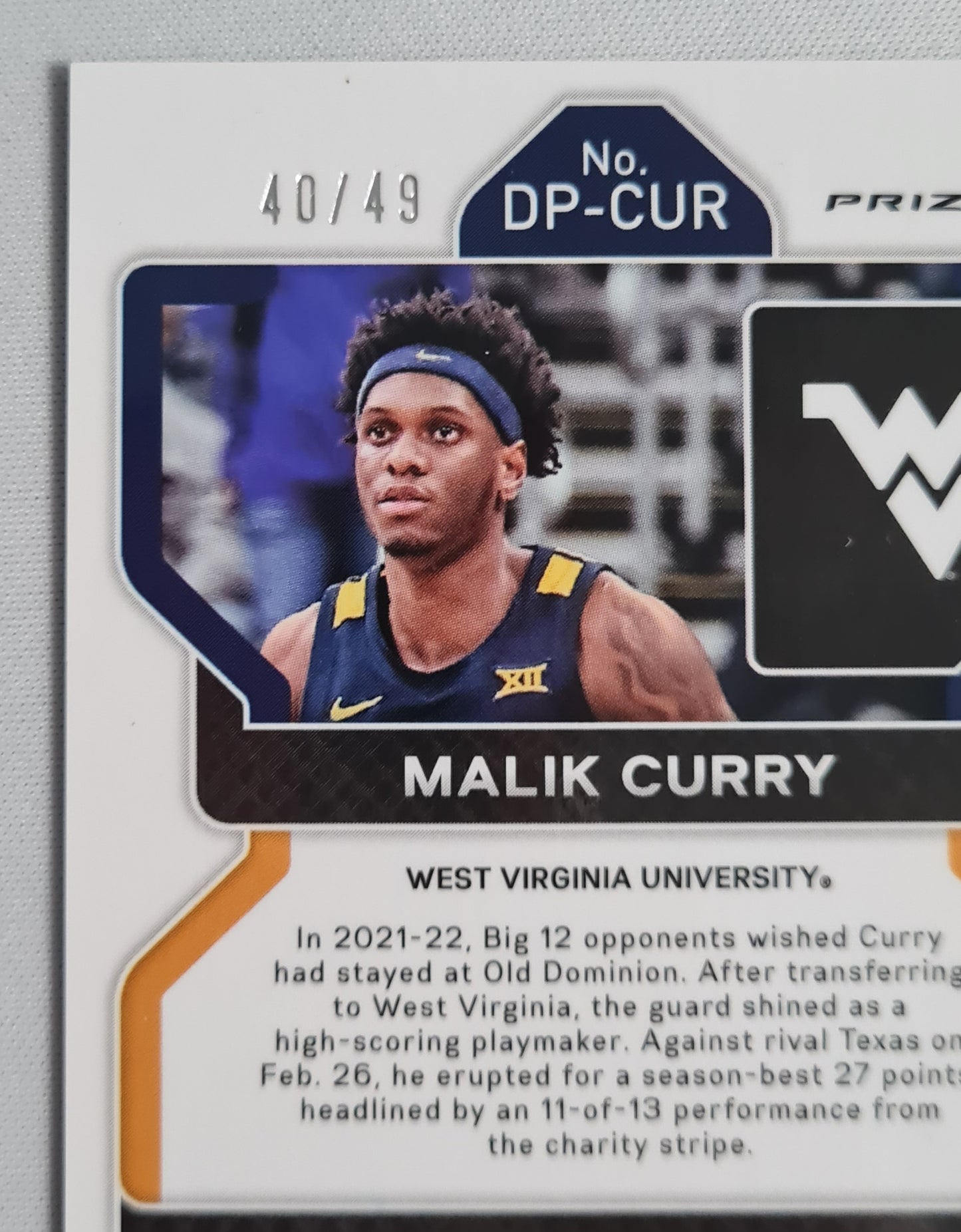 Malik Curry - 2022 Panini Prizm Draft Picks West Virginia University #DP-CUR Orange Prizm /49 + Autograph