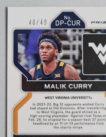 Malik Curry - 2022 Panini Prizm Draft Picks West Virginia University #DP-CUR Orange Prizm /49 + Autograph