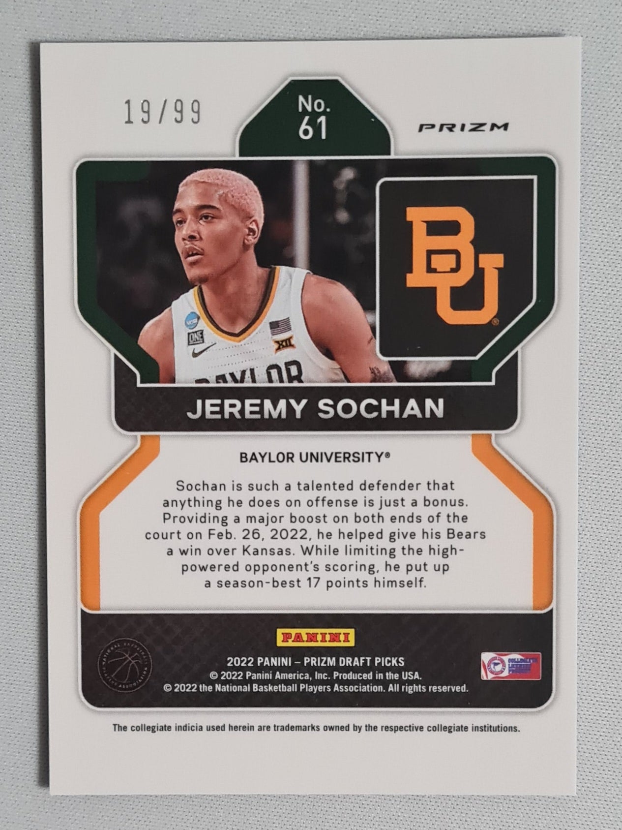 Jeremy Sochan - 2022 Panini Draft Picks Baylor University #61 Blue Cracked Ice Prizm  /99