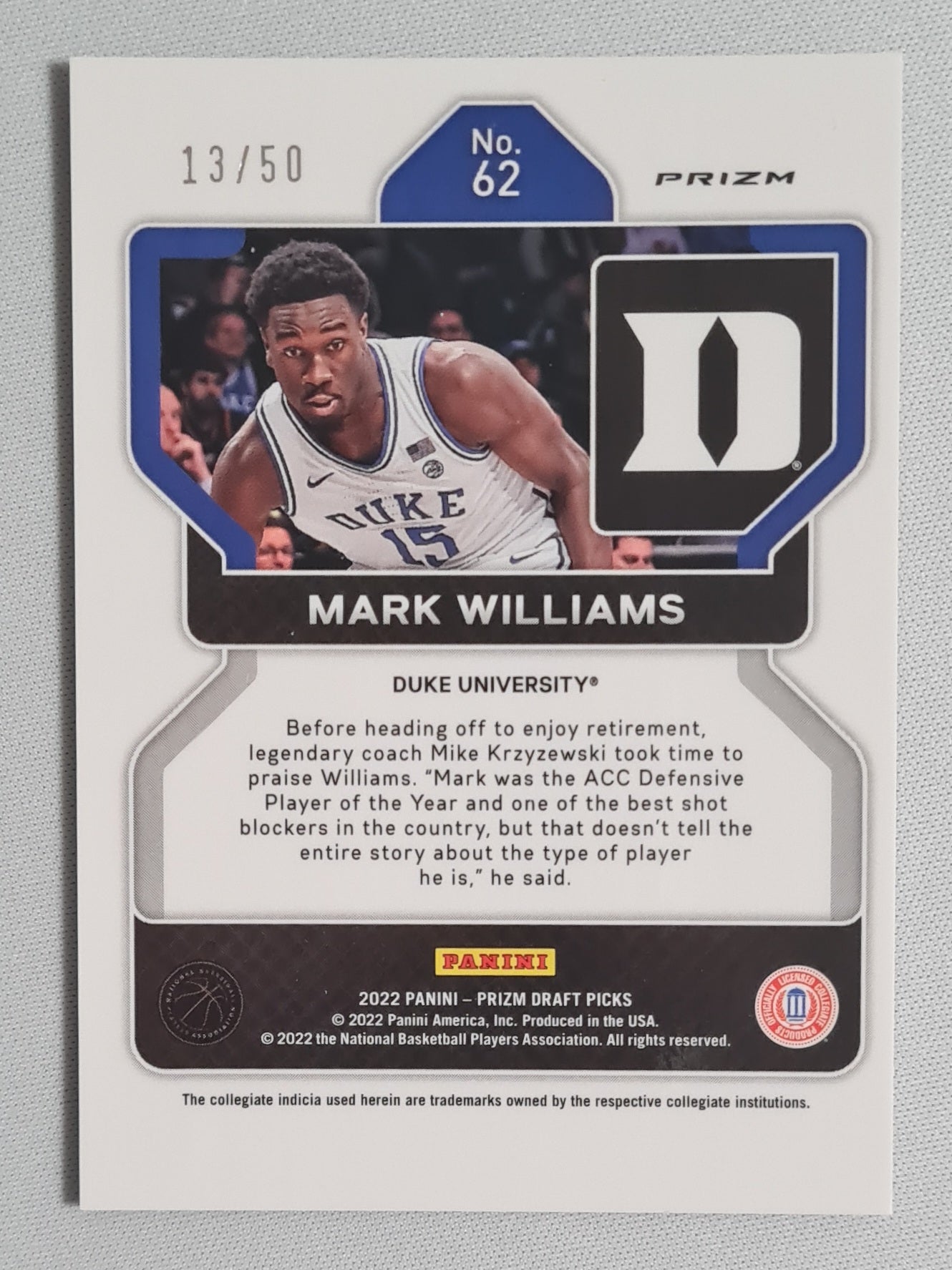 Mark Williams - 2022 Panini Draft Picks Duke University #7 Purple Circle Prizm /50
