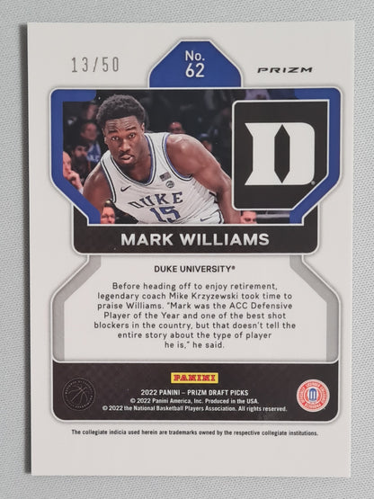 Mark Williams - 2022 Panini Draft Picks Duke University #7 Purple Circle Prizm /50