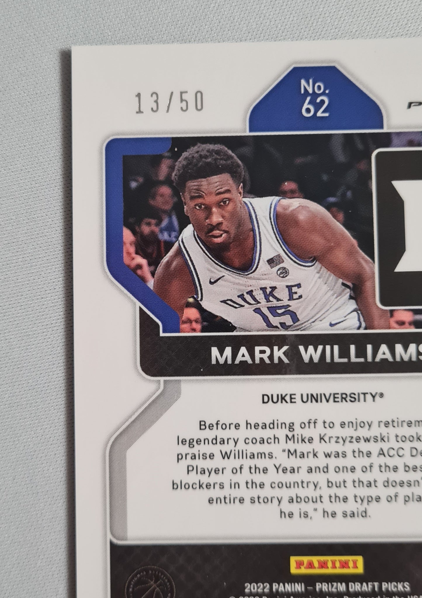 Mark Williams - 2022 Panini Draft Picks Duke University #7 Purple Circle Prizm /50