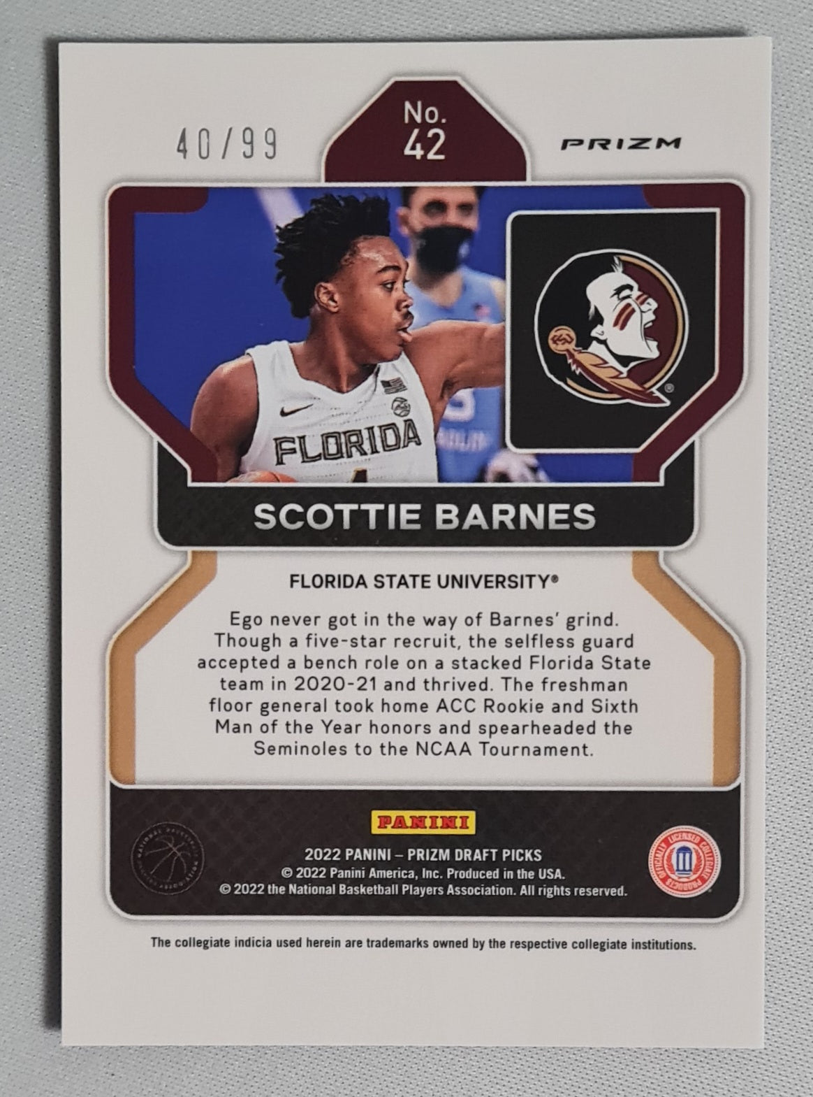 Scottie Barnes - 2022 Panini Draft Picks Florida State University #42 Blue Cracked Ice Prizm /99