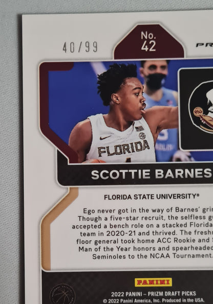 Scottie Barnes - 2022 Panini Draft Picks Florida State University #42 Blue Cracked Ice Prizm /99