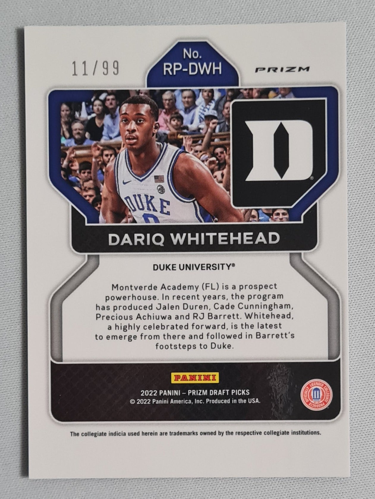 Dariq Whitehead - 2022 Panini Prizm Draft Picks - Rated Prospect - Basketball Duke University #RP-DWH Blue Cracked Ice /99