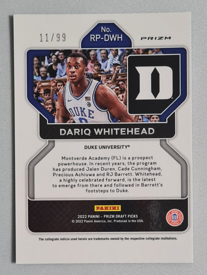 Dariq Whitehead - 2022 Panini Prizm Draft Picks - Rated Prospect - Basketball Duke University #RP-DWH Blue Cracked Ice /99