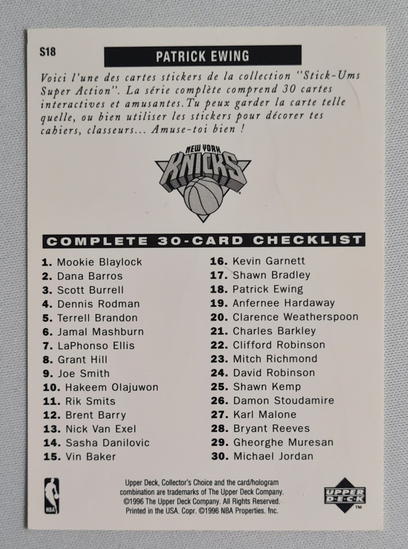Patrick Ewing - 1996 Upper Deck Collectors Choice Super Action Stick-Ums - Stickers NY Knicks #S18