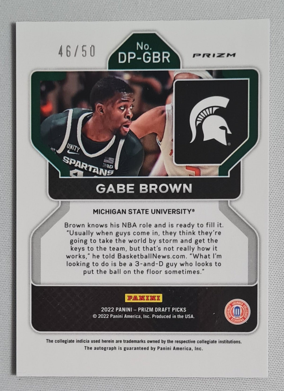 Gabe Brown - 2022 Panini Prizm Draft Picks Michigan State University #DP-GBR Purple Circle Prizm /50 + Autograph