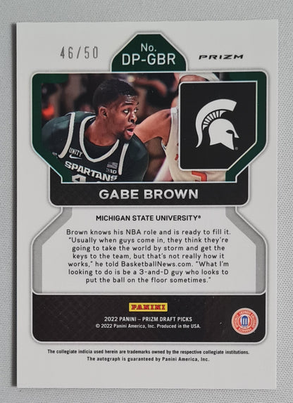 Gabe Brown - 2022 Panini Prizm Draft Picks Michigan State University #DP-GBR Purple Circle Prizm /50 + Autograph