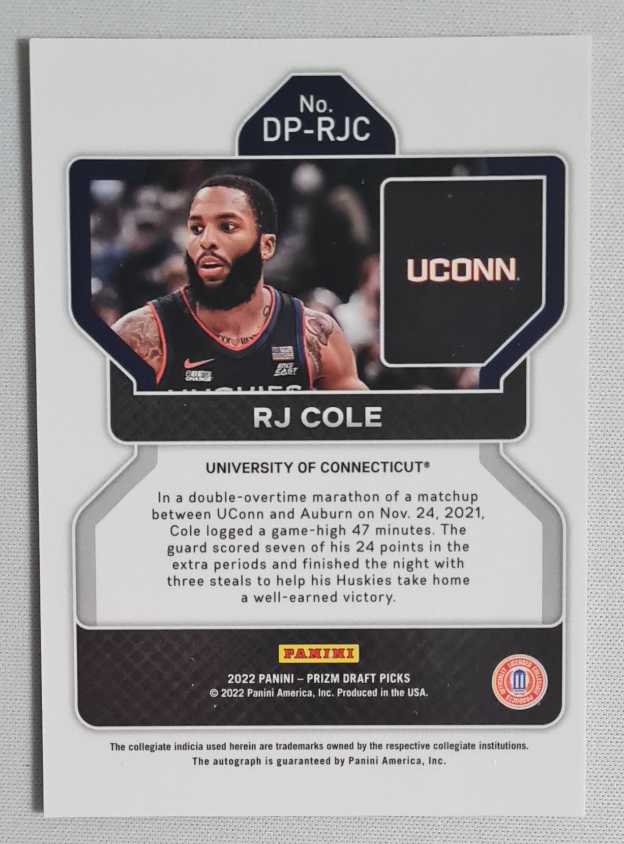 RJ Cole - 2022 Panini Prizm Draft Picks University of Connecticut #DP-RJC /Auto Prizm