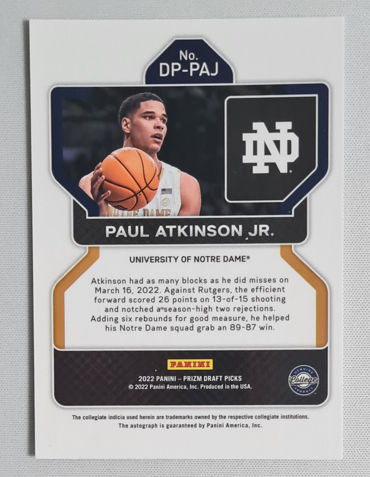 Paul Atkinson Jr. - 2022 Panini Prizm Draft Picks University of Notre Dame #DP-PAJ  /Auto Prizm