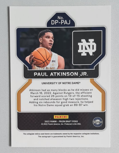Paul Atkinson Jr. - 2022 Panini Prizm Draft Picks University of Notre Dame #DP-PAJ  /Auto Prizm
