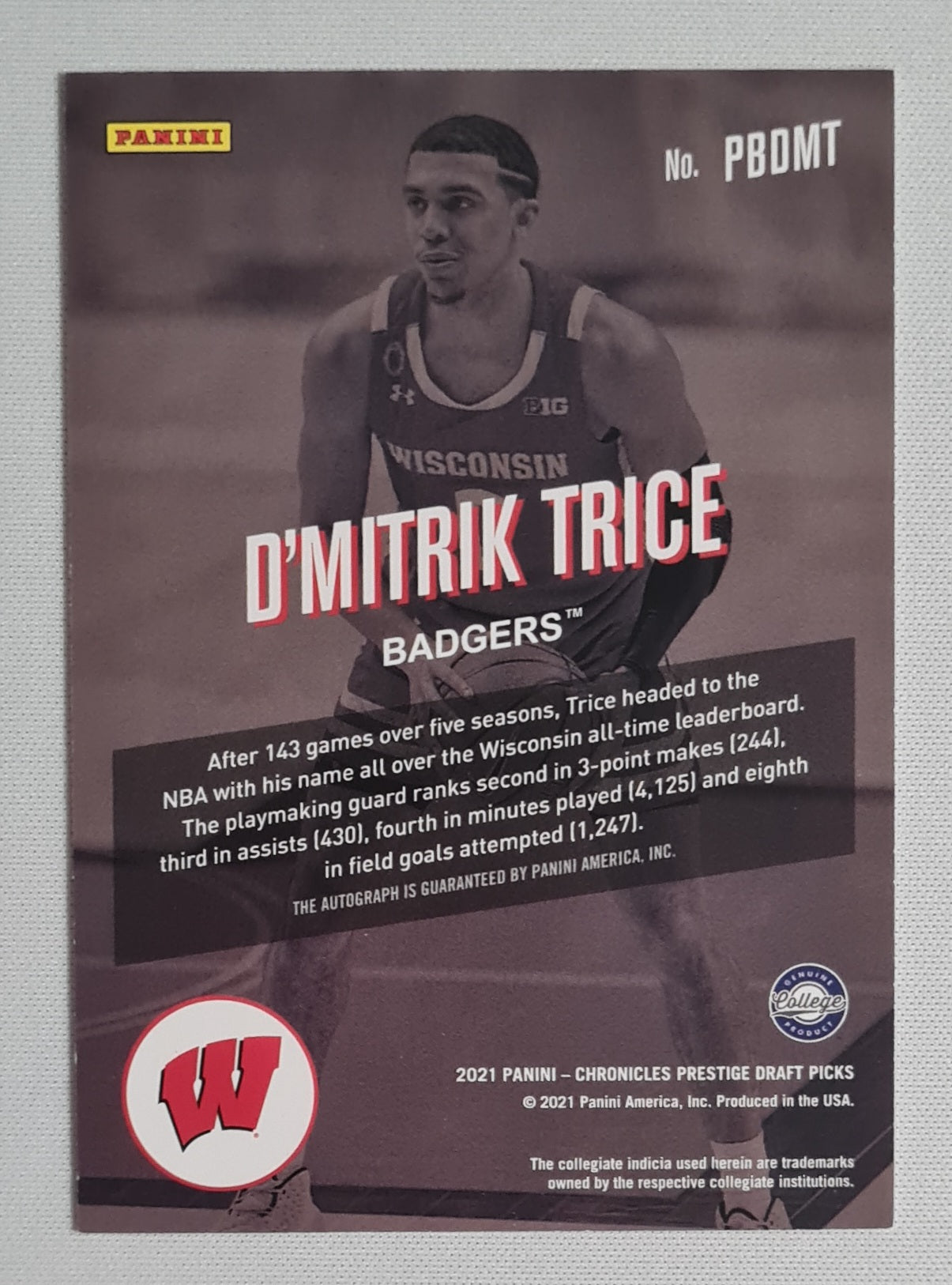 D'Mitrik Trice - 2021 Panini Chronicles Prestige Draft Picks - Bonus Shot - Badgers #PBDMT (RC) /Auto