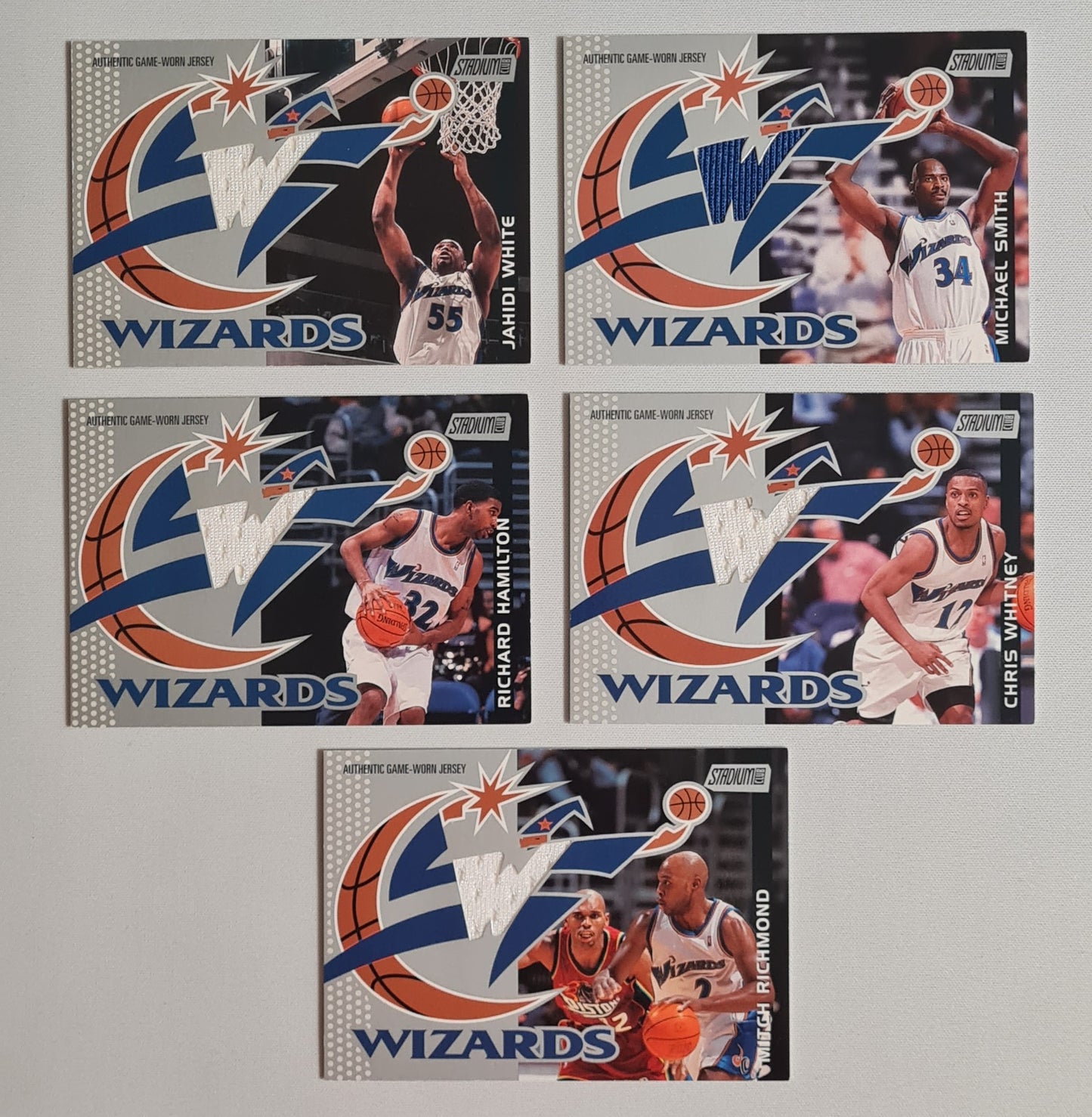 NBA Basketball (Lot of 5) - 2001 Topps Stadium Club Washington Wizards - Authentic Game-Worn Jersey (in Logo) / Patch