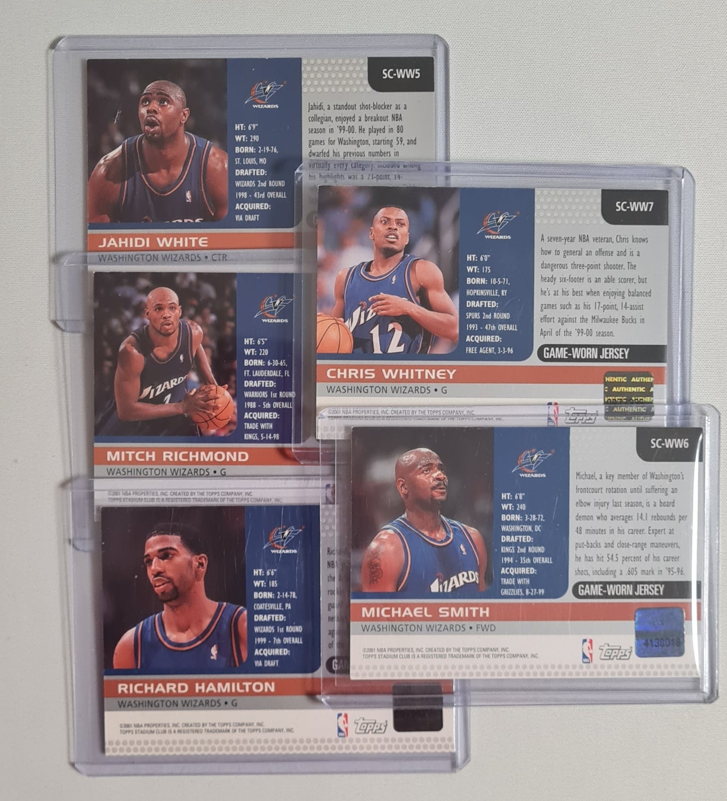 NBA Basketball (Lot of 5) - 2001 Topps Stadium Club Washington Wizards - Authentic Game-Worn Jersey (in Logo) / Patch