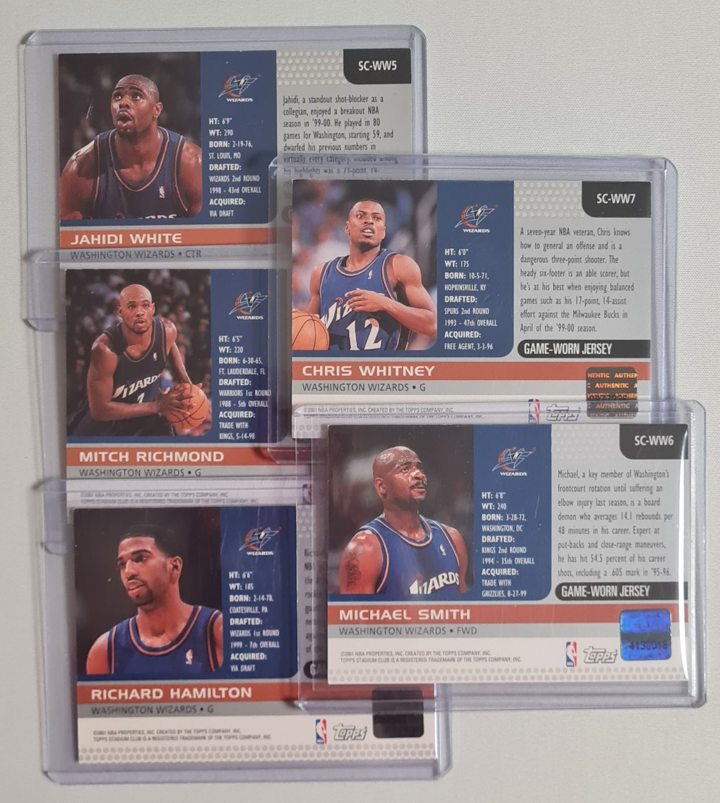 NBA Basketball (Lot of 5) - 2001 Topps Stadium Club Washington Wizards - Authentic Game-Worn Jersey (in Logo) / Patch