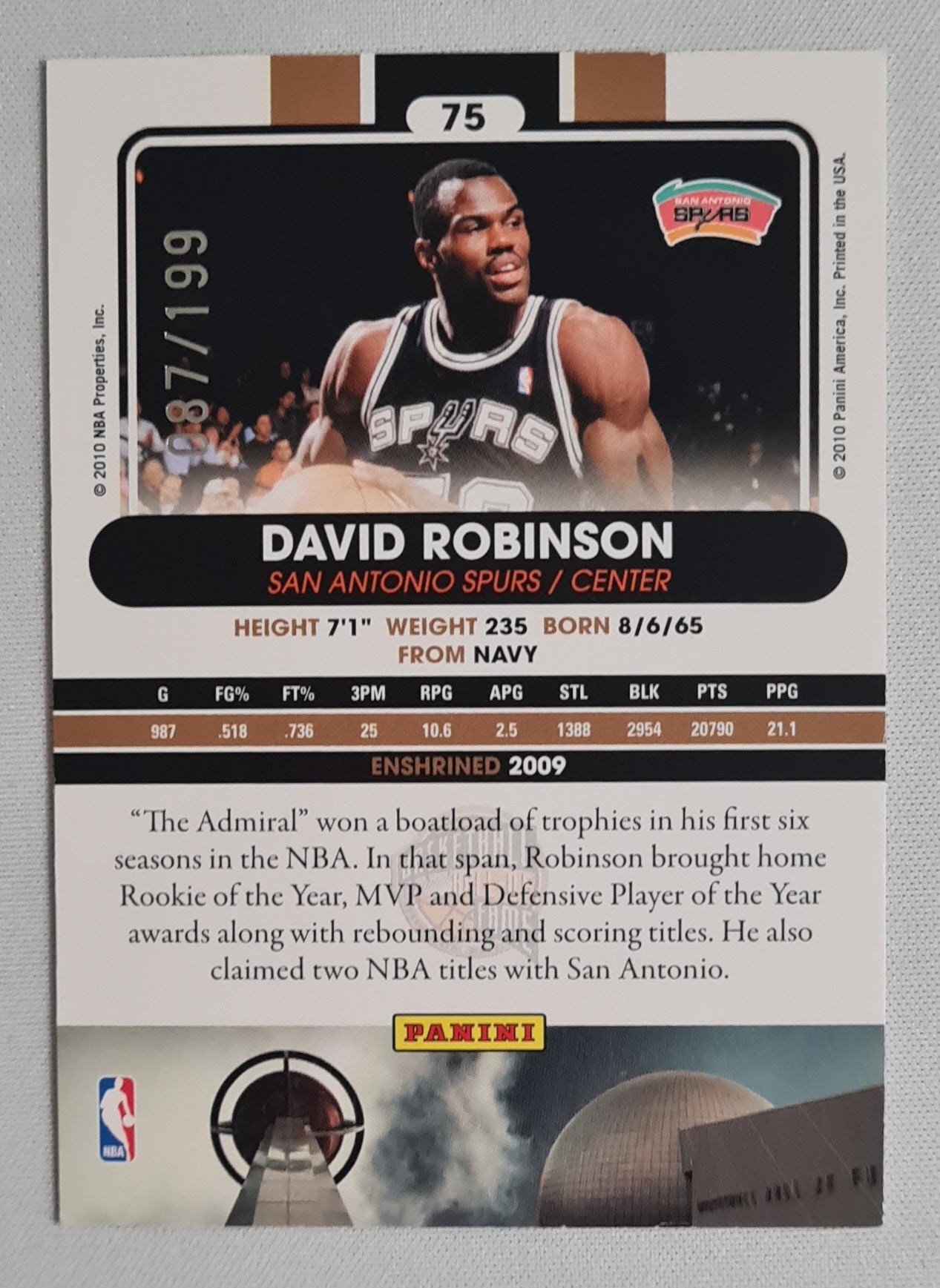 David Robinson - 2010 Panini Basketball Hall of Fame NBA Spurs #75 /199