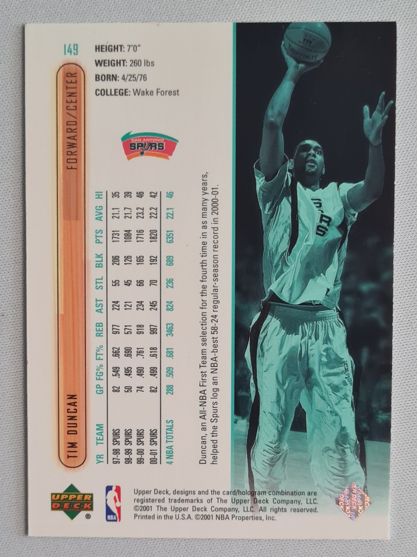 Tim Duncan - 2001 Upper Deck San Antonio Spurs NBA Basketball #149