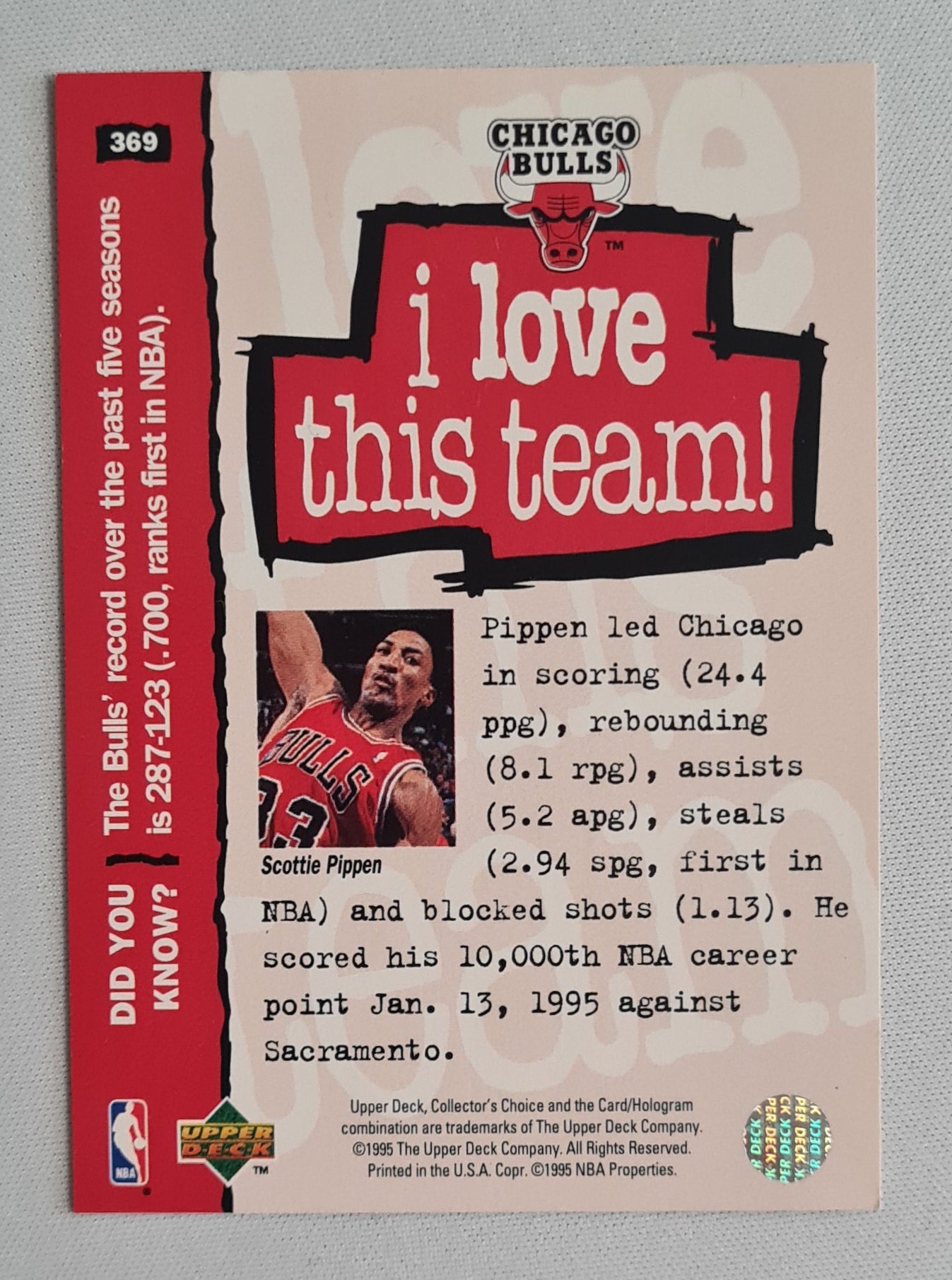 Scottie Pippen - 1995 Upper Deck Collectors Choice "I love this Team" NBA Chicago Bulls #369