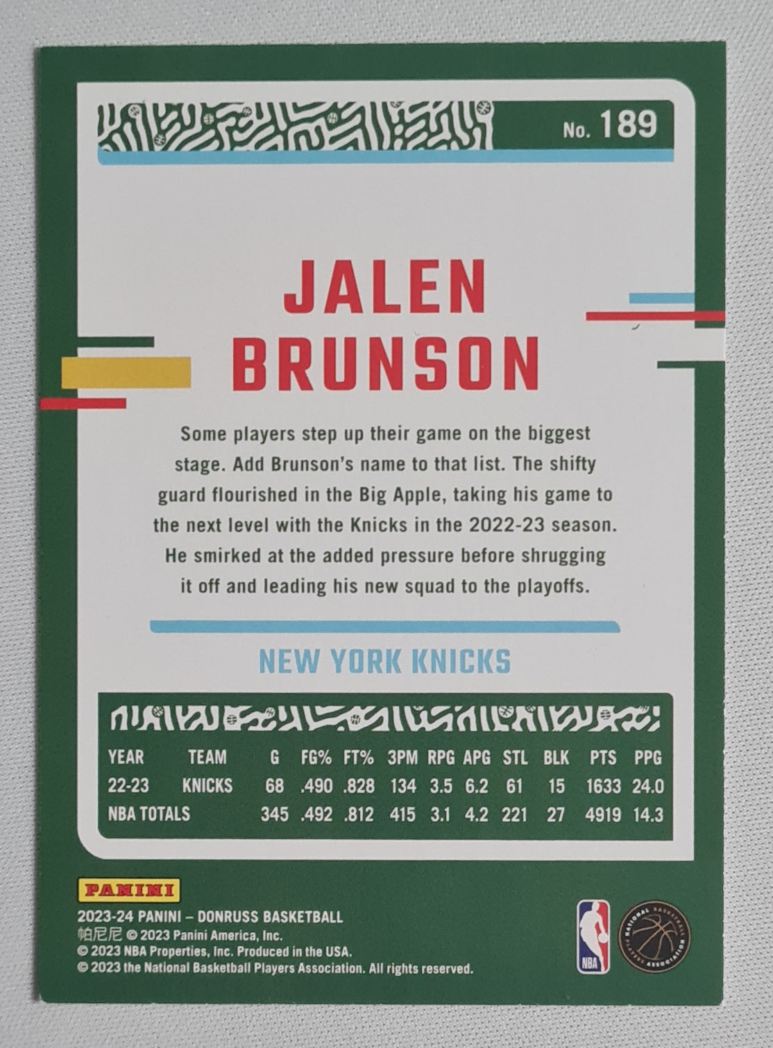 Jalen Brunson - 2023/24 Panini Donruss Basketball NBA New York Knicks #189