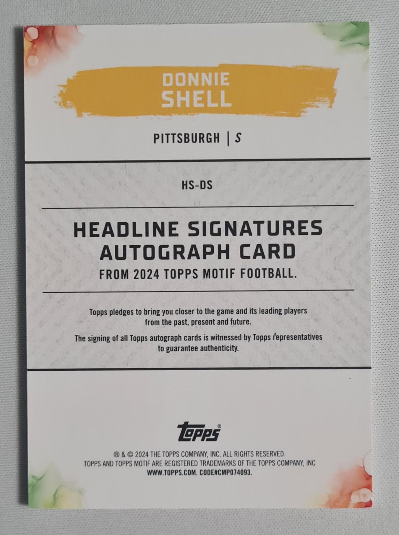 Donnie Shell - 2024 Topps Motif NFL Pittsburgh Steelers #HS-DS /20 Autograph