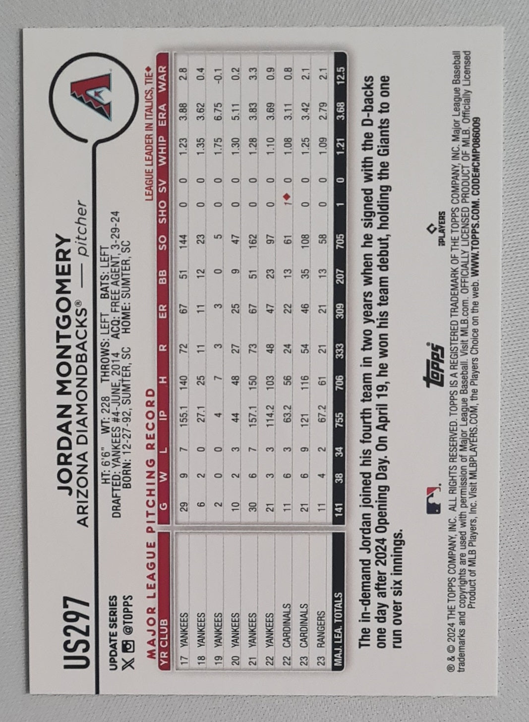 Jordan Montgomery - 2024 Topps MLB Diamondbacks US297 Refractor