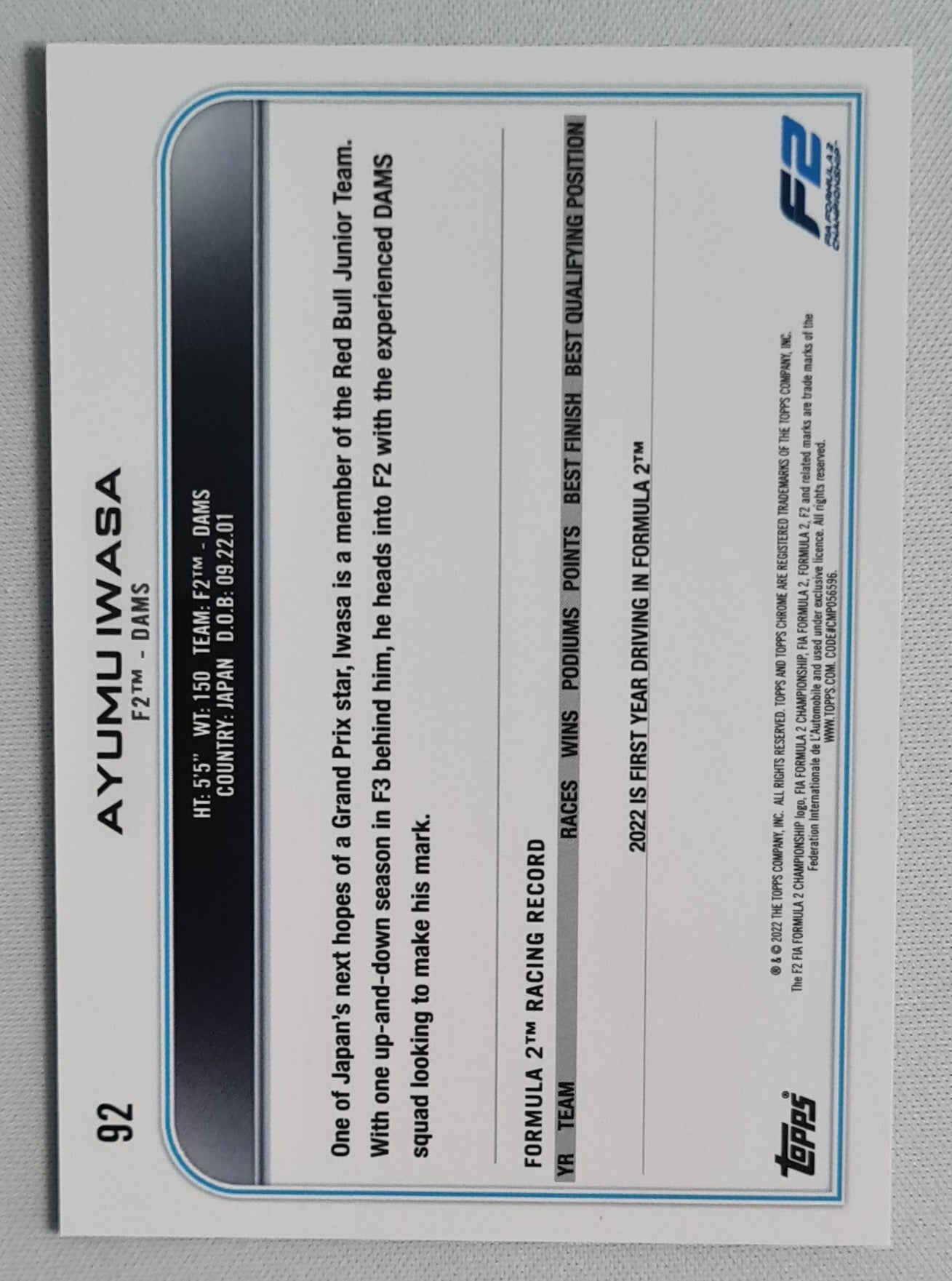 Ayumu Iwasa - 2022 Topps Chrome F2 tm DAMS  #92 Black & White Ray Wave