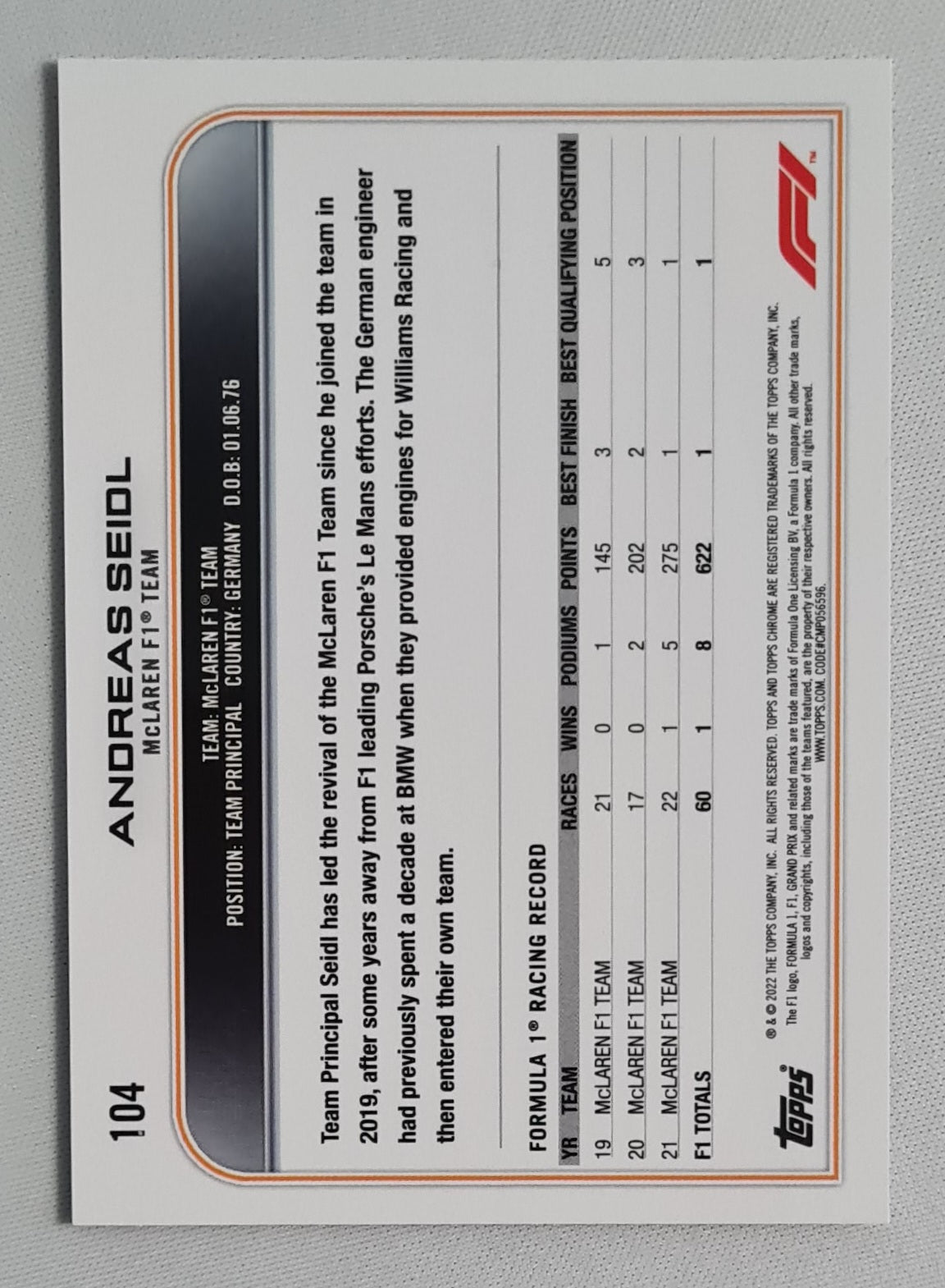 Andreas Siedl - 2022 Topps Chrome McLaren F-1 Team  #104 Black & White Ray Wave
