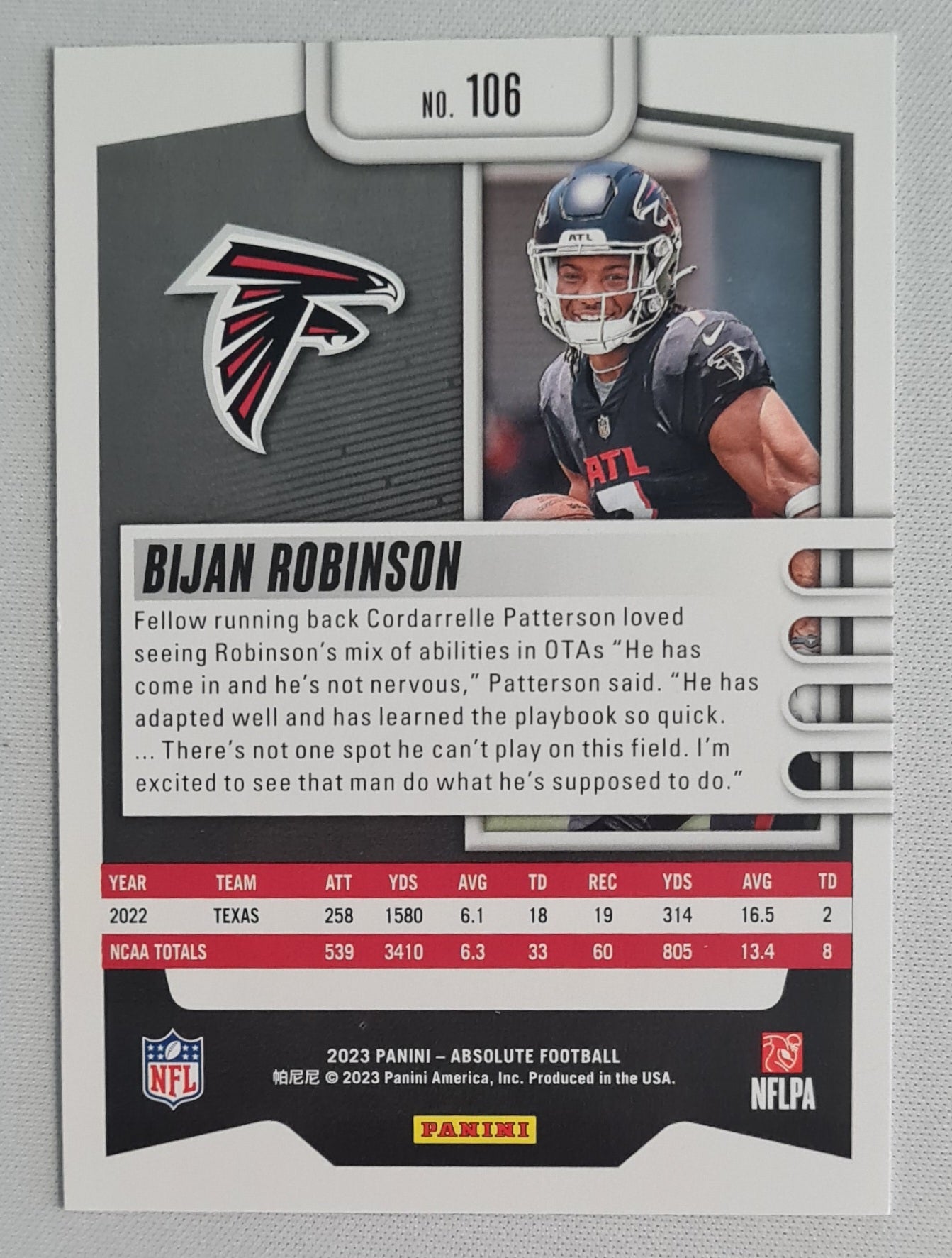 Bijan Robinson - 2023 Panini Absolute Football NFL Atlanta Hawks #106