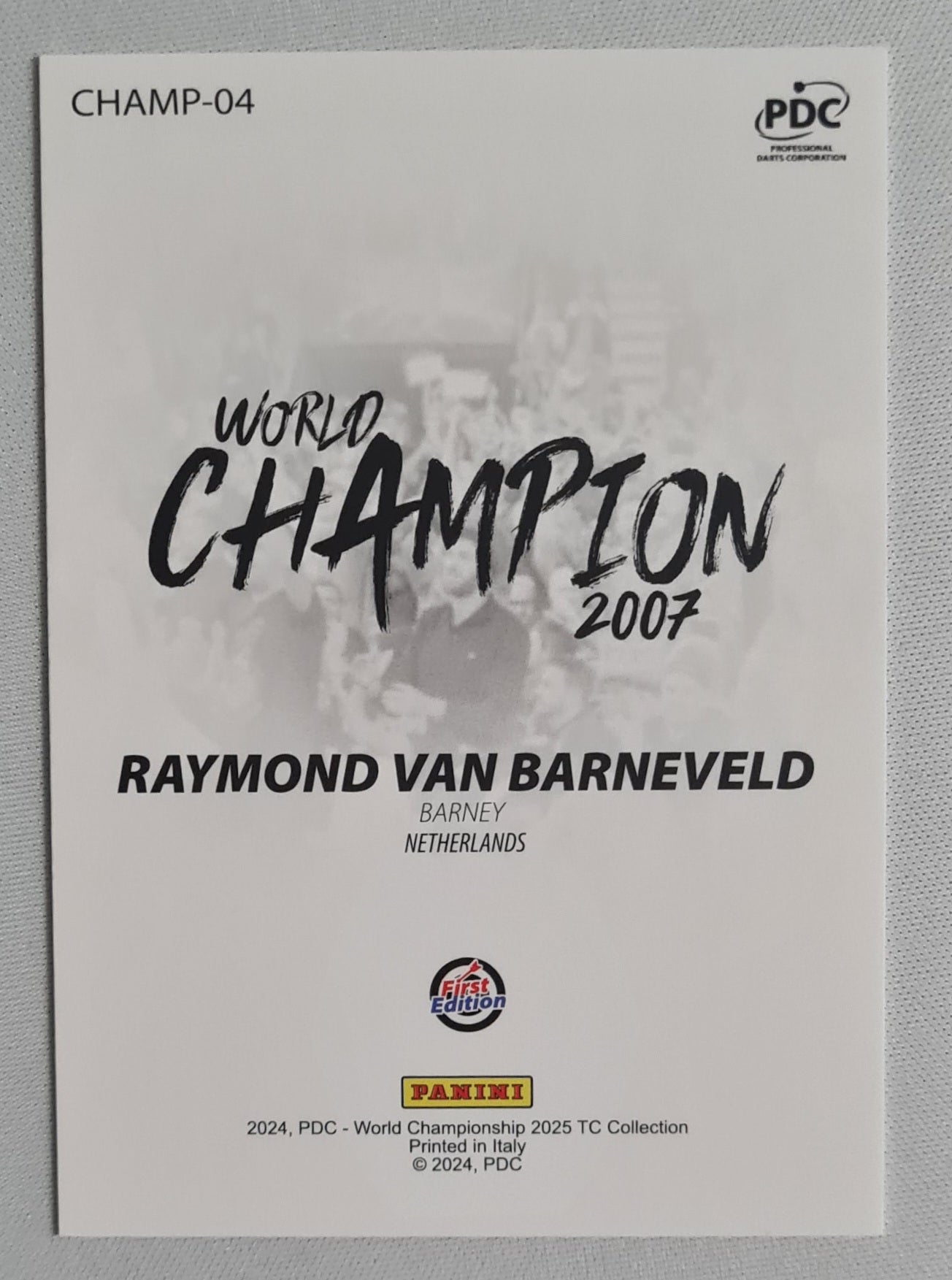 Raymond van Barneveld - 2024 Panini PDC World Championship Darts TC Collection - WORLD CHAMPION 2007 "Barney"#CAMP-04