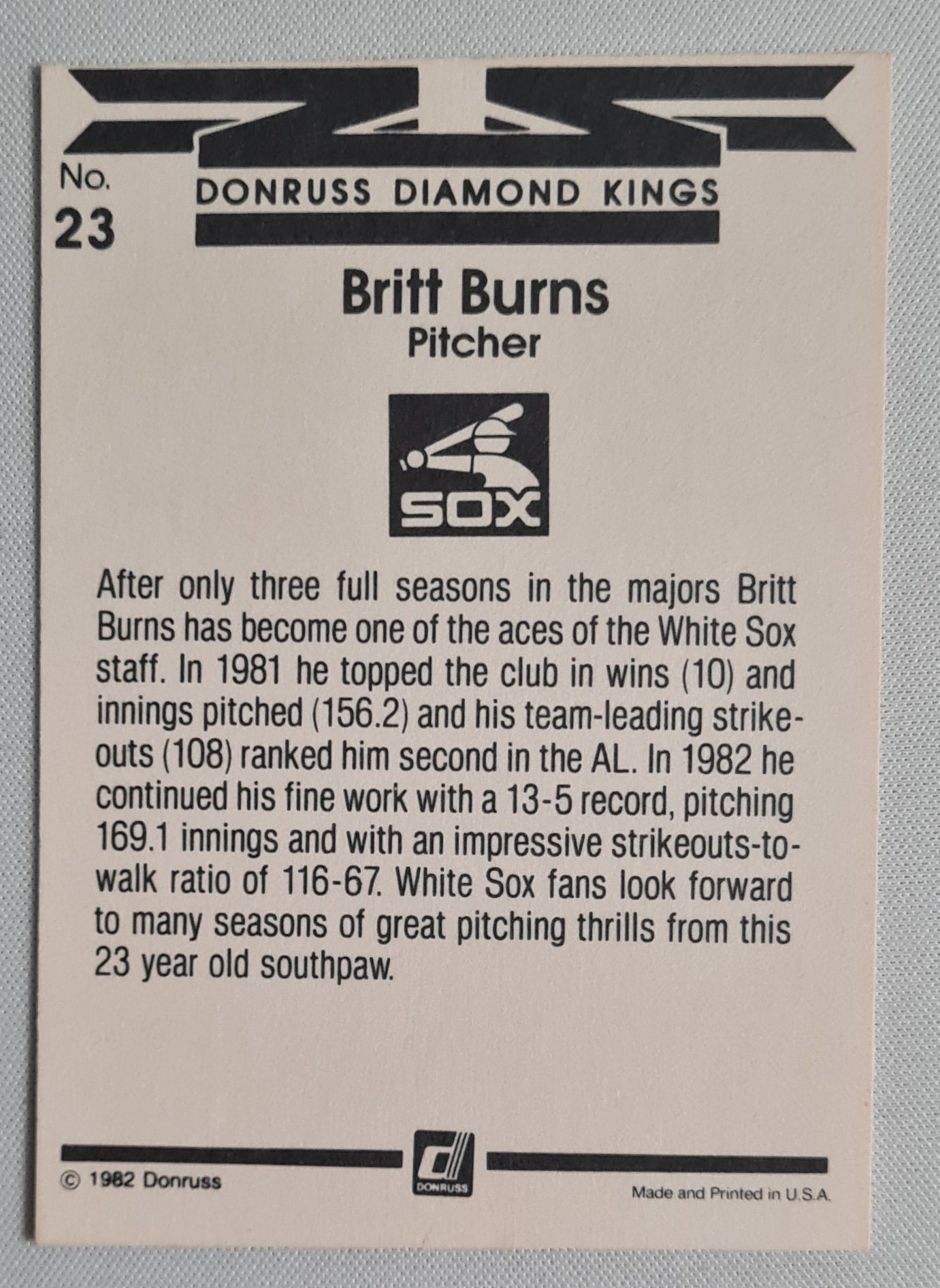 Britt Burns - 1982 Donruss Diamond Kings White Sox #23