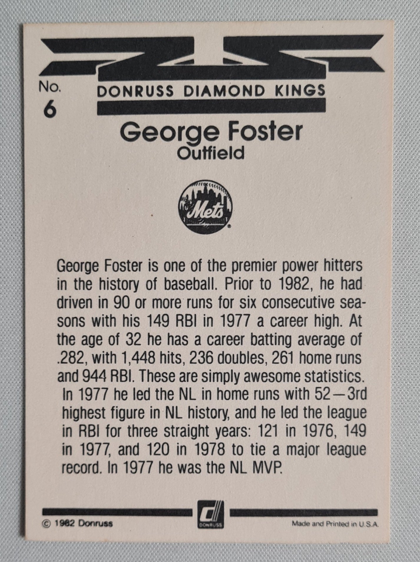 George Foster - 1982 Donruss Diamond Kings Mets #6