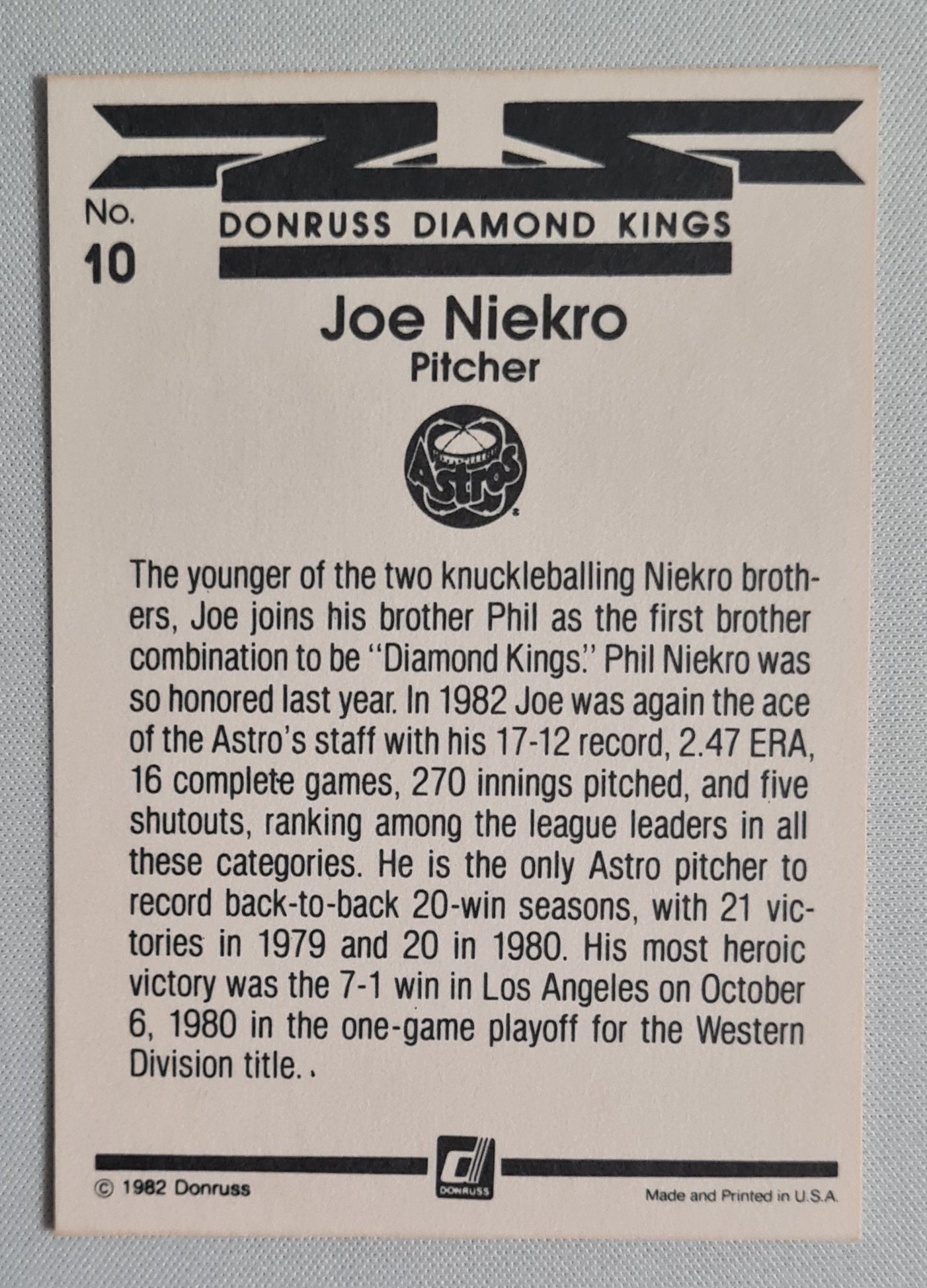 Joe Niekro - 1982 Donruss Diamond Kings Astros #10
