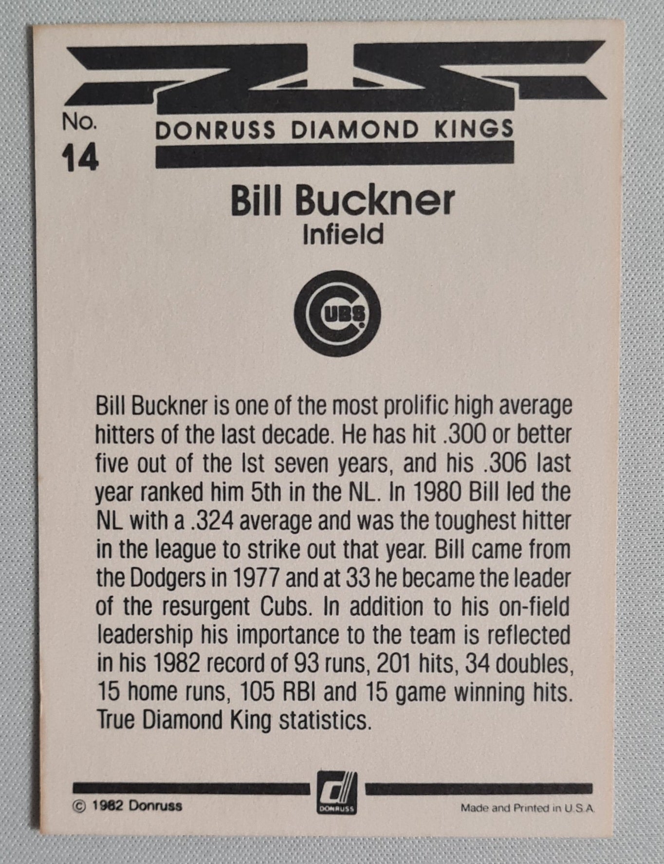 Bill Buckner - 1982 Donruss Diamond Kings Cubs #14