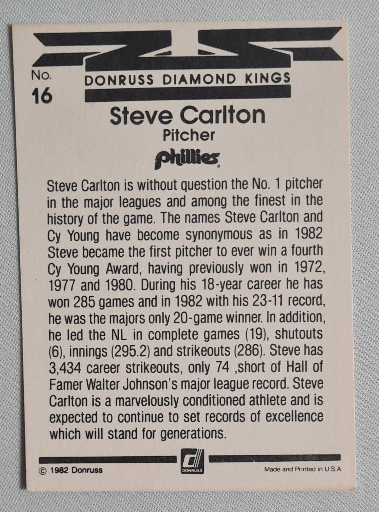 Steve Carlton - 1982 Donruss Diamond Kings Phillies #16