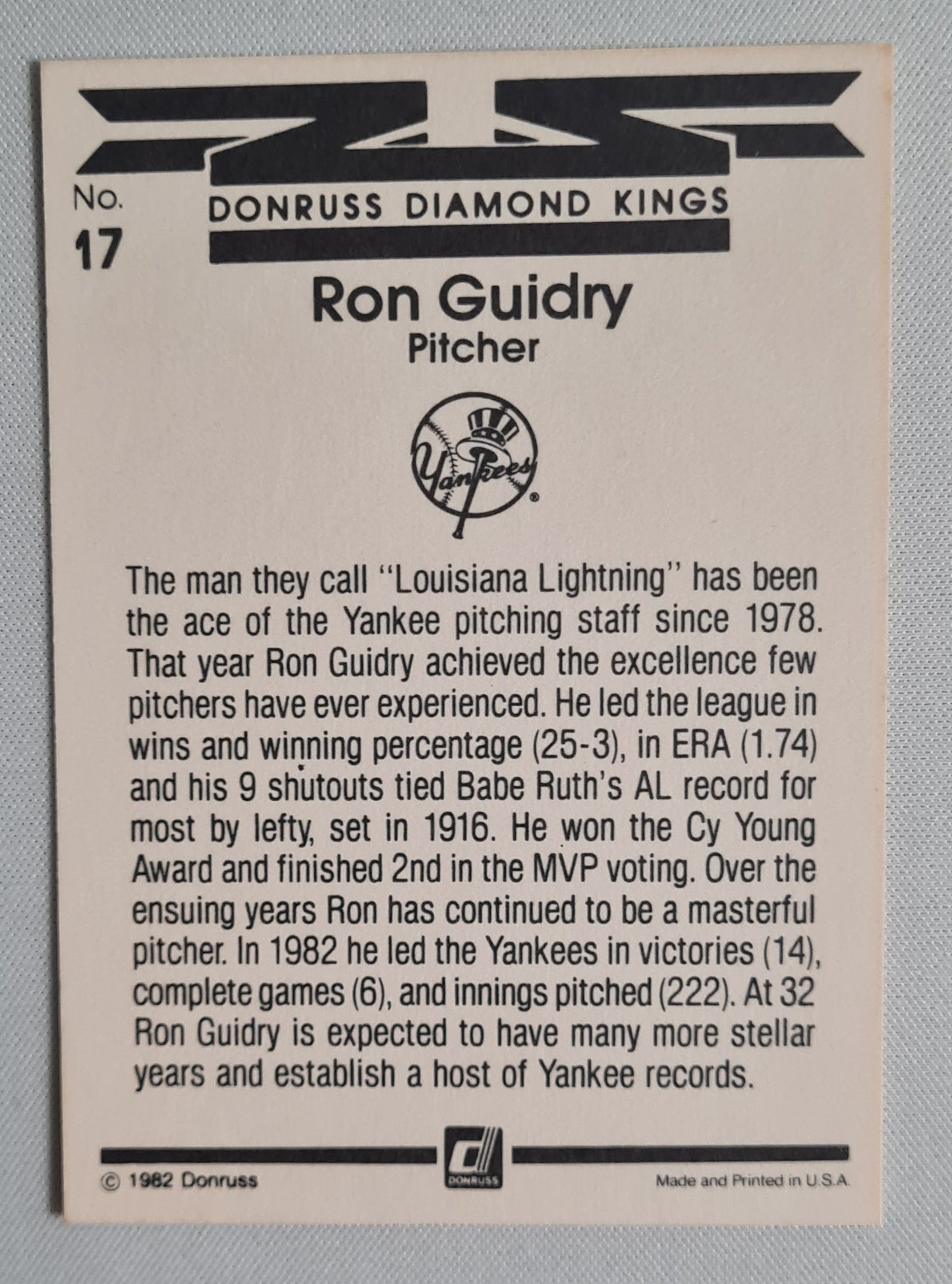 Ron Guidry - 1982 Donruss Diamond Kings Yankees #17