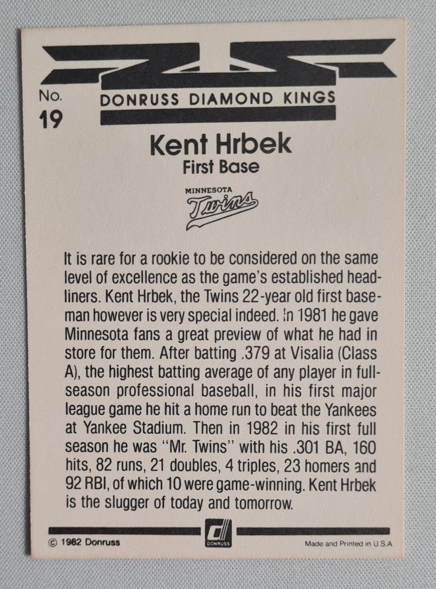 Kent Hrbek - 1982 Donruss Diamond Kings MLB Twins #19