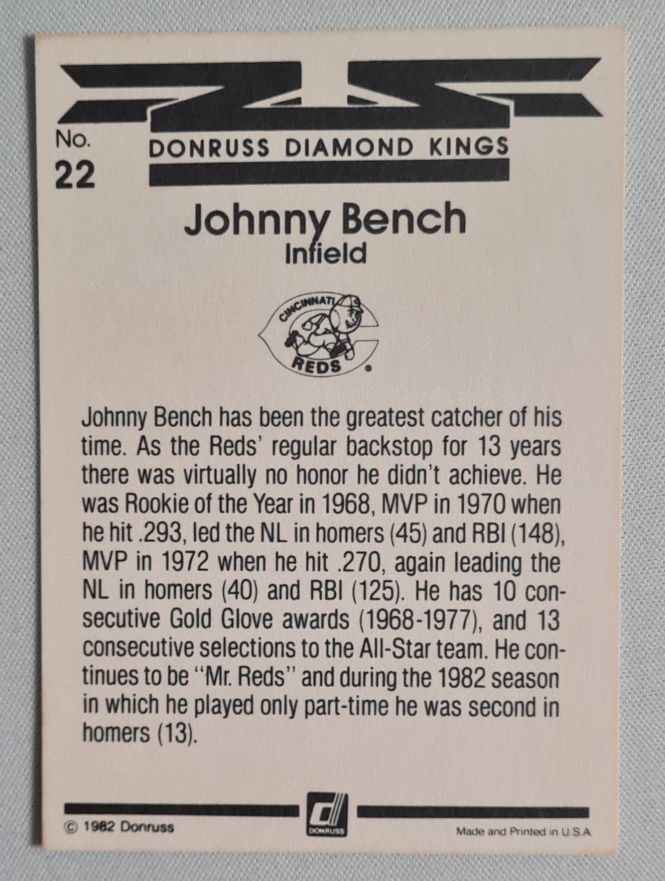 Johnny Bench - 1982 Donruss Diamond Kings Reds #22