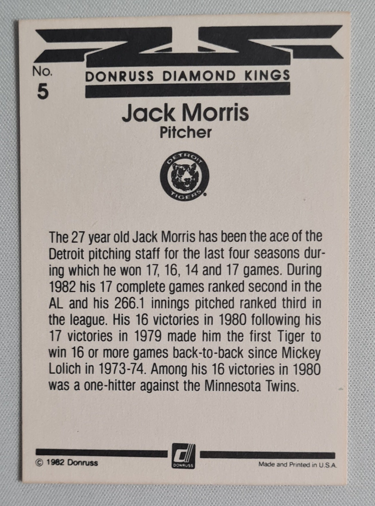 Jack Morris - 1982 Donruss Diamond Kings Tiger #5