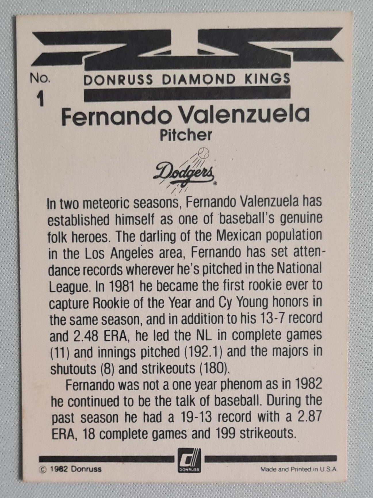 Fernando Valenzuela - 1982 Donruss Diamond Kings Dodgers #1