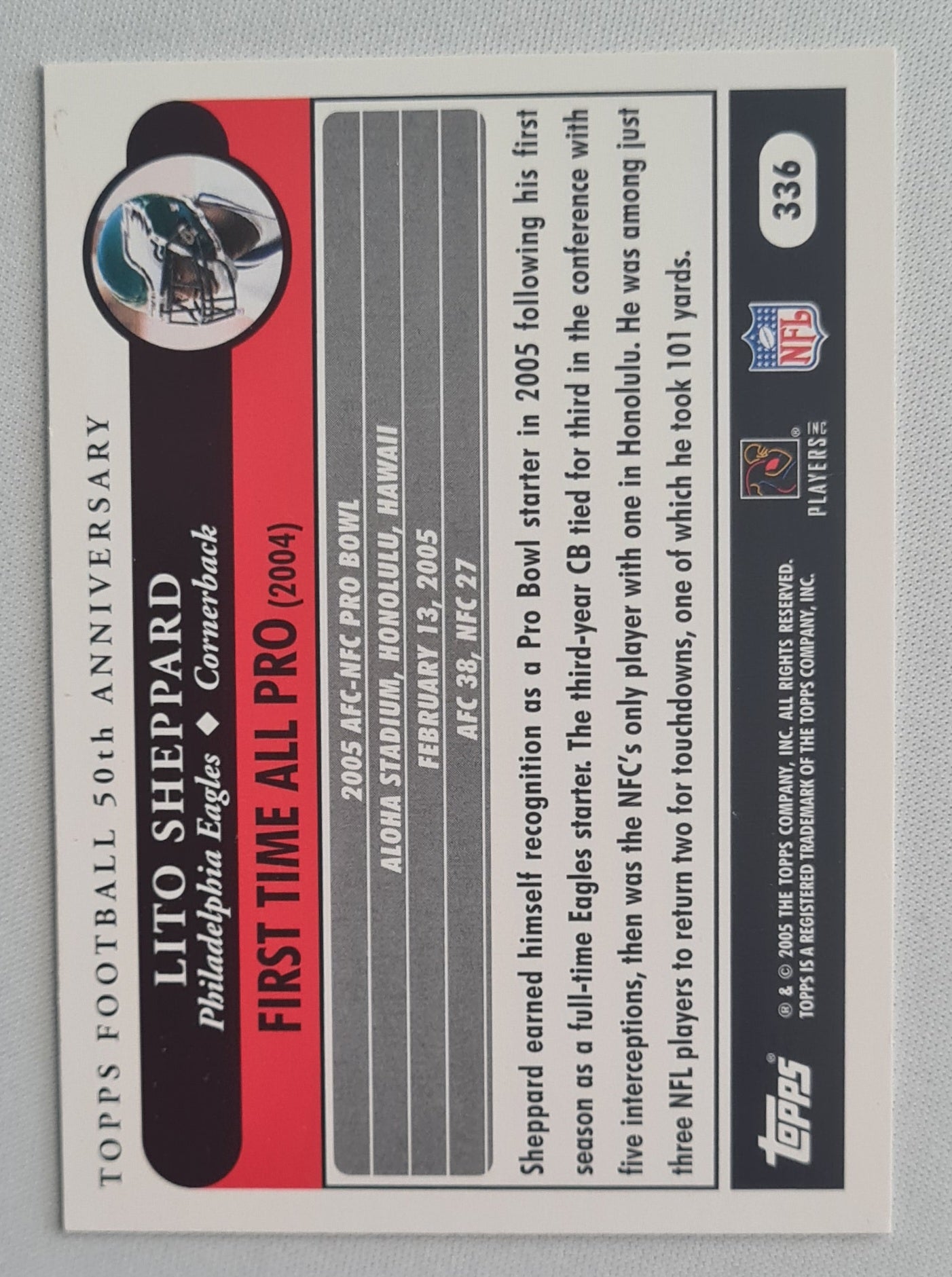 Lito Sheppard - 2005 Topps NFL Football All-Pro - 50th Anniversary - Pro Bowl #336