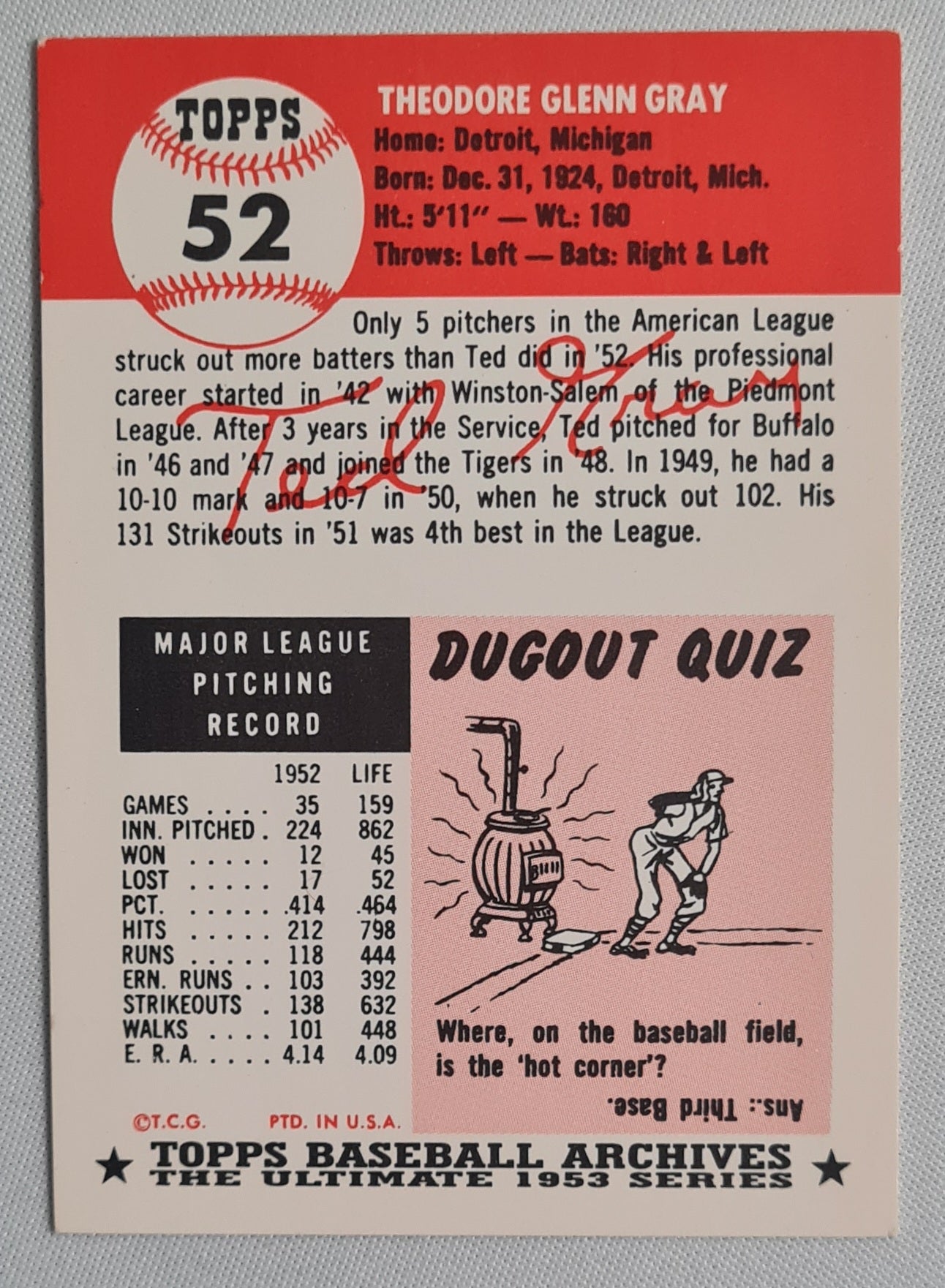Ted Gray - 1953 Topps Baseball Archives * The Ultimate 1953 Series #52