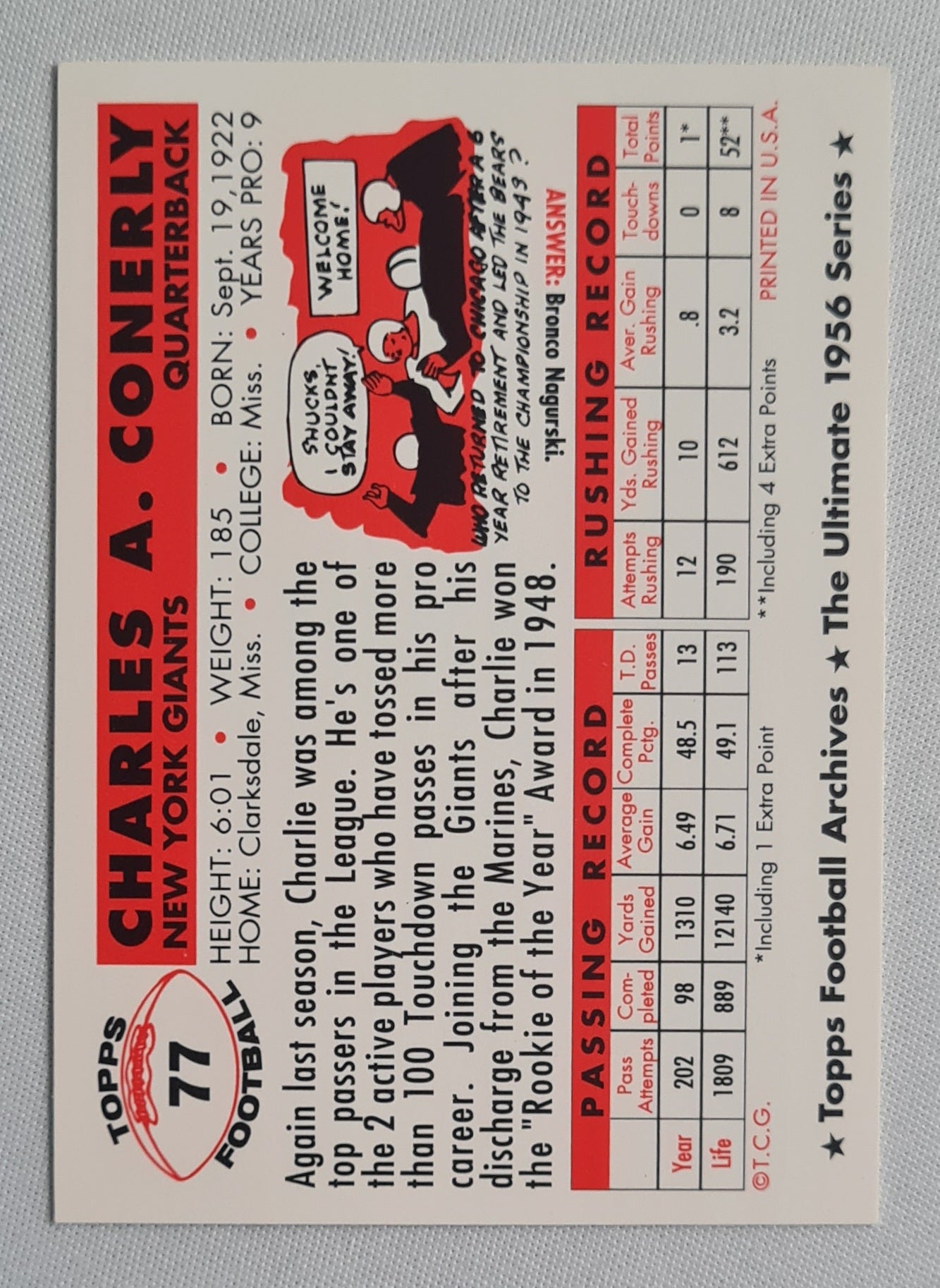 Charels A. Conerly - 1956 Topps Football Archives * The Ulimate 1956 Series #77