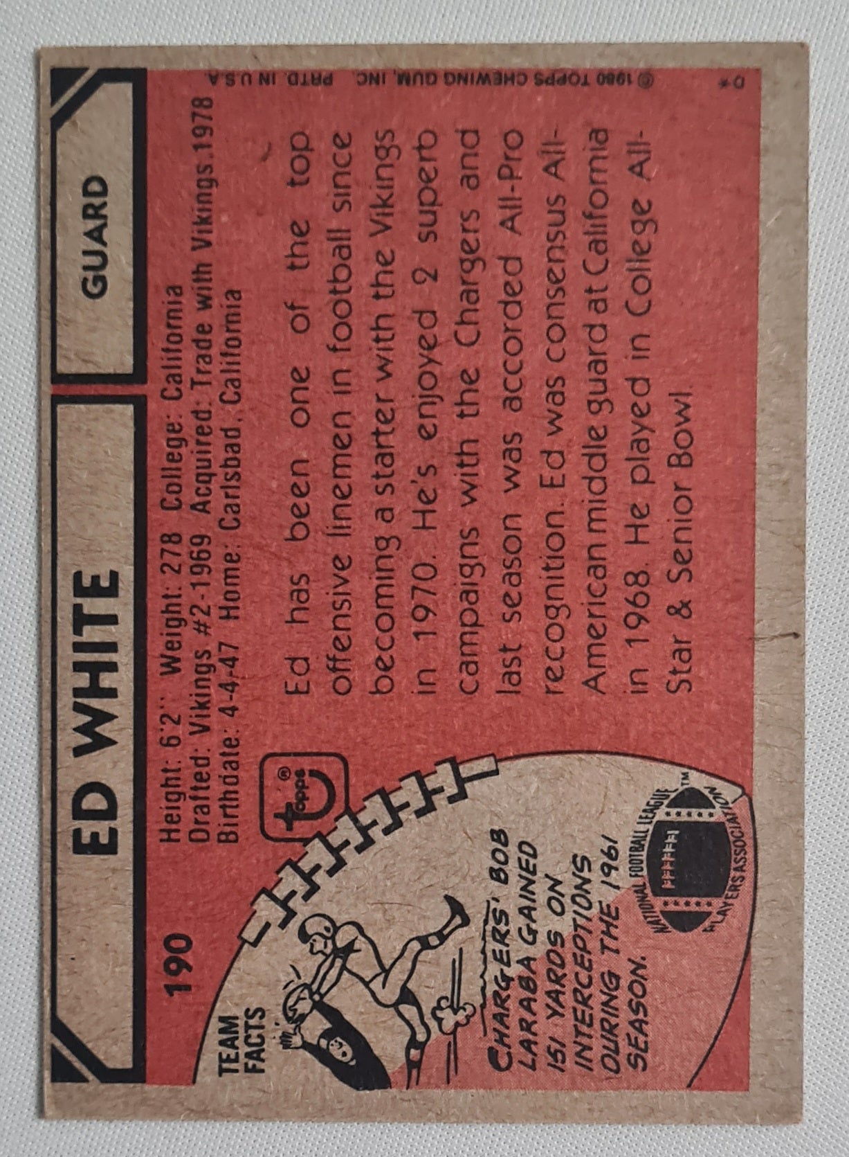 Ed White - 1980 Topps (from Chewing Gum edition pack) NFL Football AFC All-PRO #190
