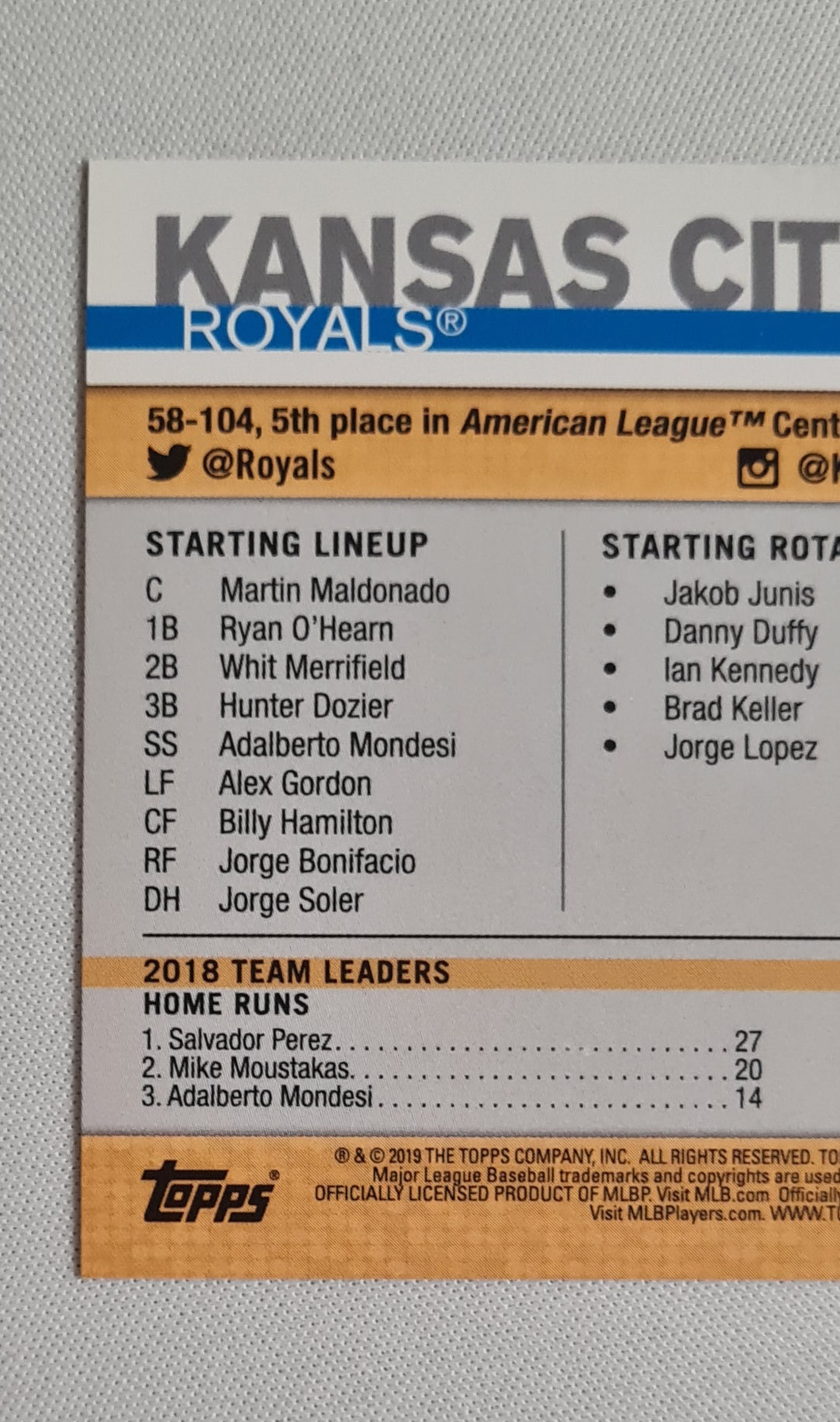 Kansas City Royals - 2019 Topps MLB Baseball #609 Series 2