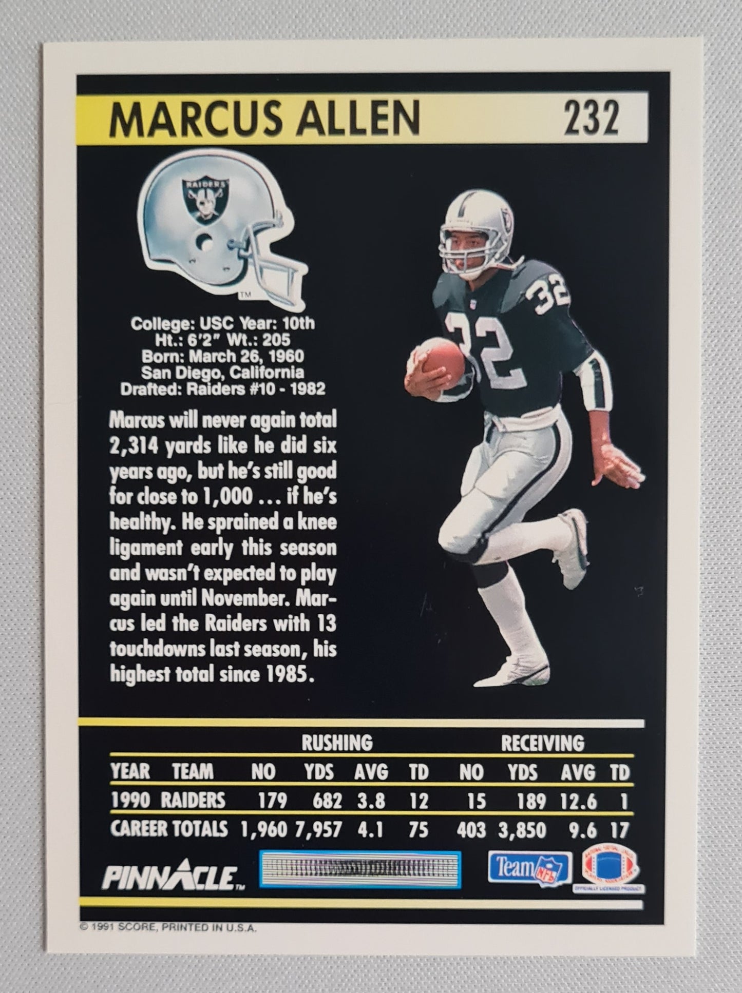 Marcus Allen - 1991 Score Pinnacle L.A. Raiders #232